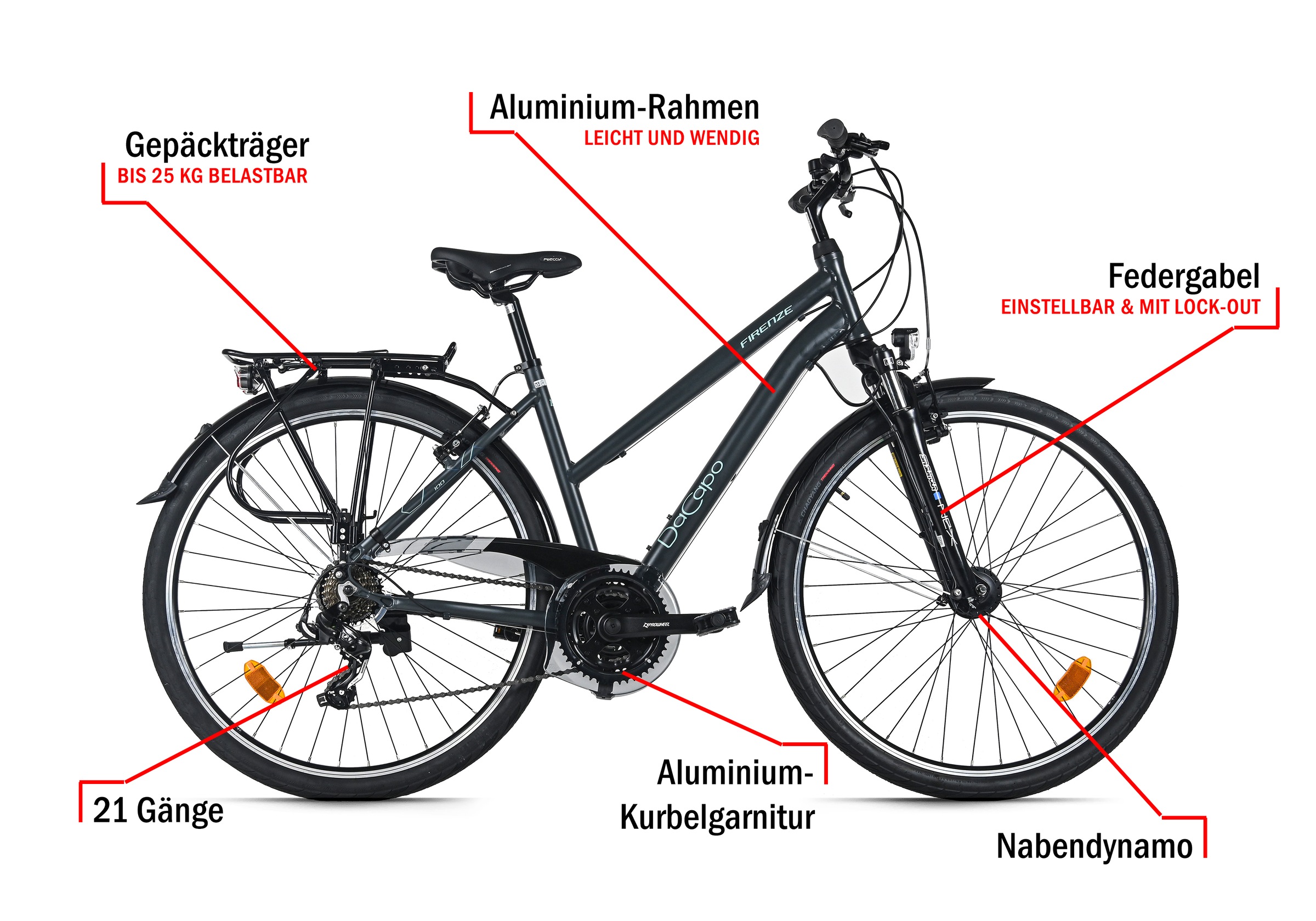 Dacapo Trekkingrad »Firenze 100 Anthrazit 21 Gänge RH 48 cm V-Brakes« 21 Gang Shimano Tourney Schaltwerk Kettenschaltung