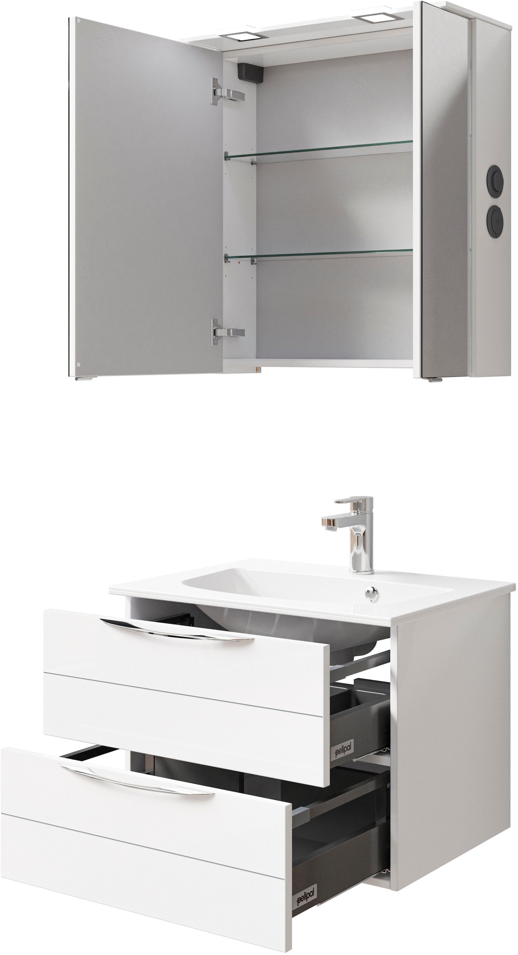 Saphir Badmöbel-Set »Serie 6025 2-teilig Mineralmarmor-Waschtisch mit LED-Spiegelschrank«, (2 St.), Waschplatz 67 cm breit, 2 Schubladen, 2 Spiegel-Türen, inkl Türdämpfer
