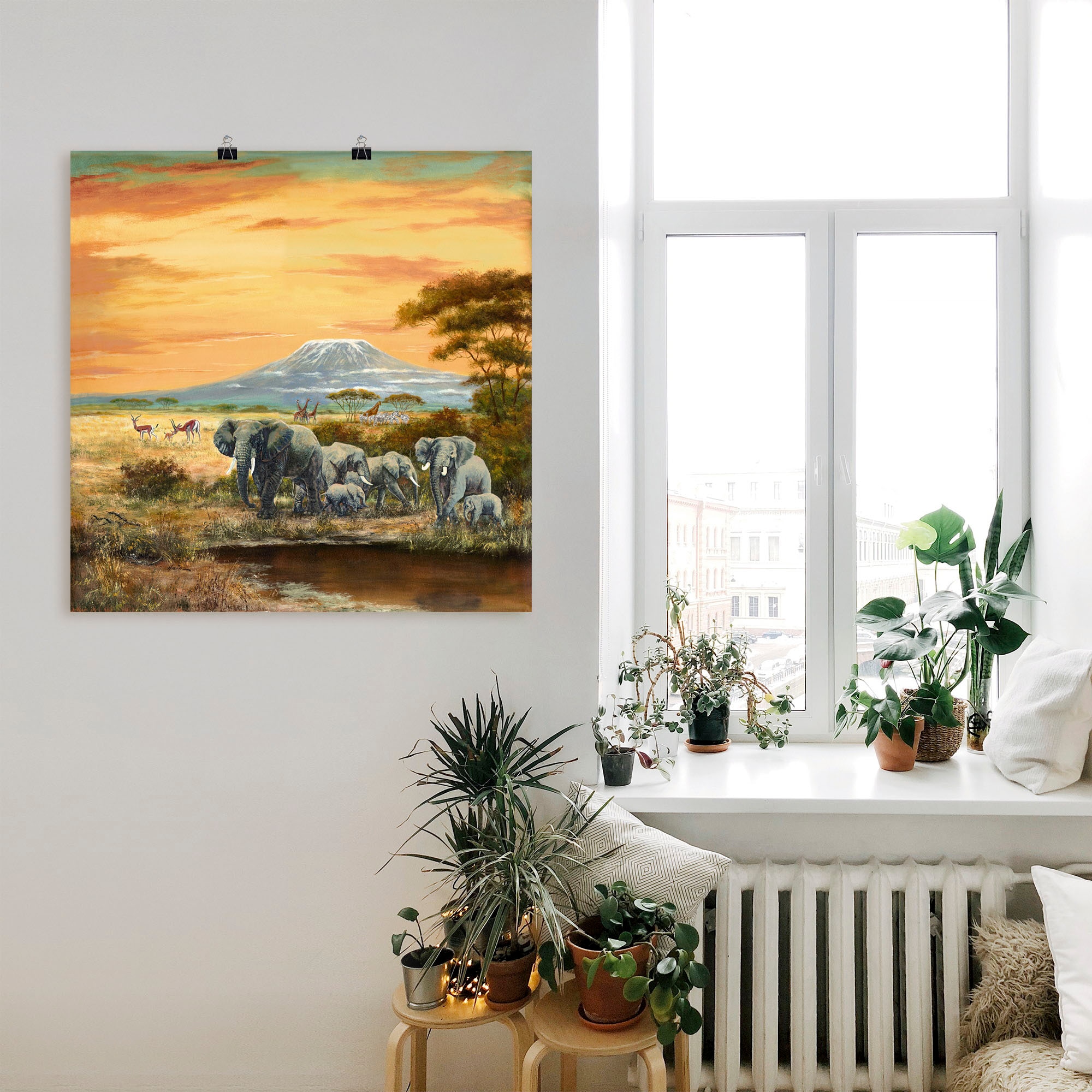 Artland Wandbild »Afrikalandschaft mit Elefanten«, Wildtiere, (1 St.), als Leinwandbild, Poster in verschied. Größen