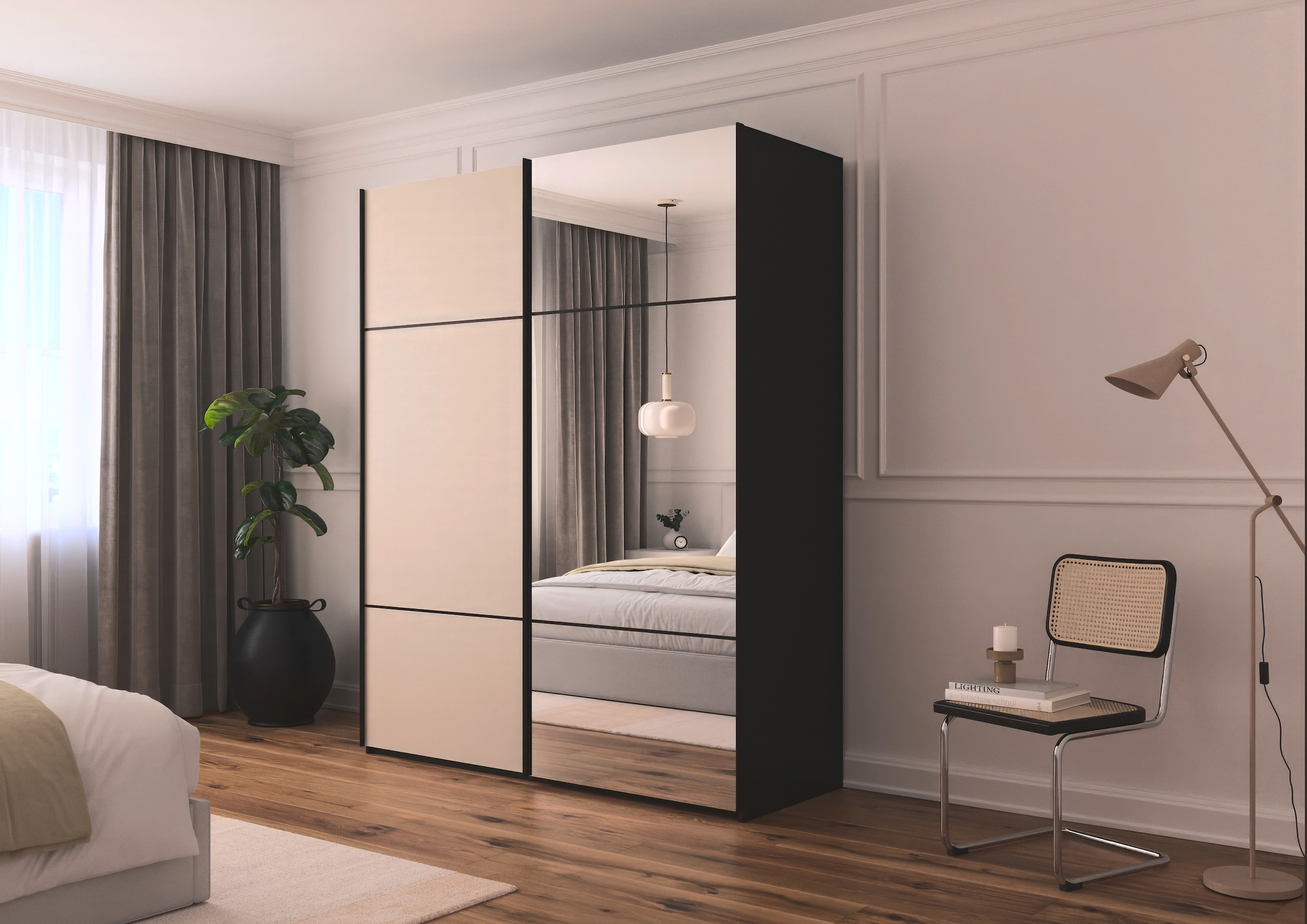 rauch Schwebetürenschrank »Kleiderschrank Schrank Garderobe Schlafzimmerschrank SCALE-TRIO«, edle dreigeteilte Front mit 2 Zierleisten Spiegel/Glas MADE IN GERMANY