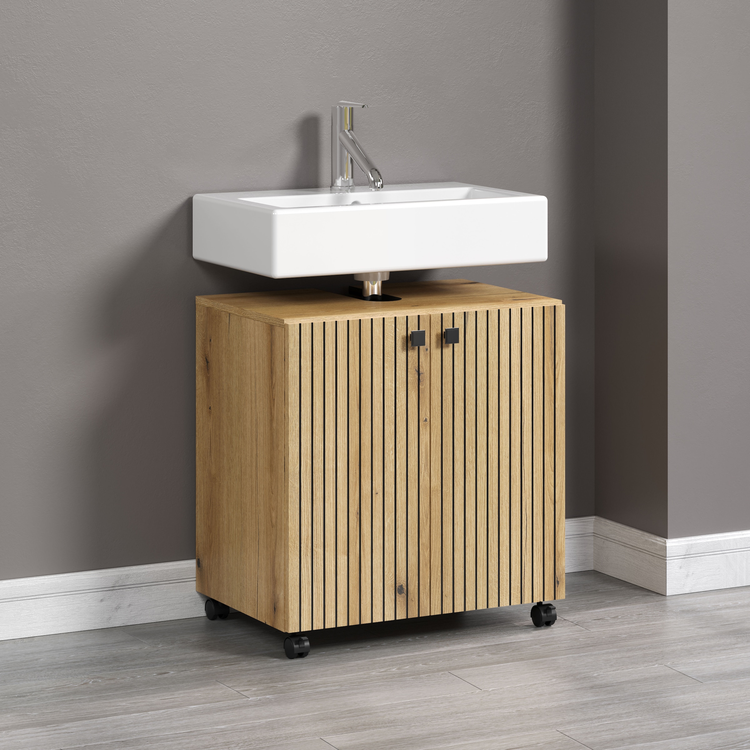 welltime Waschbeckenunterschrank »Amrum«, (1 St.), BxHxT 80 x 64 x 42cm Waschbeckenunterschrank Eiche Rillenoptik