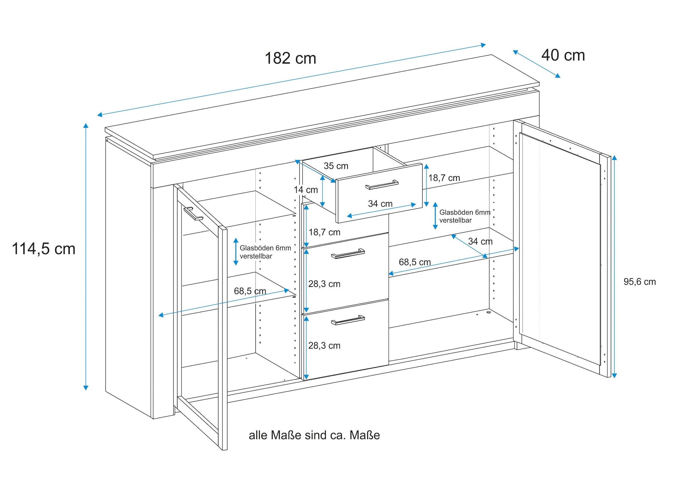 VOGL Möbelfabrik Highboard, Breite 182 cm