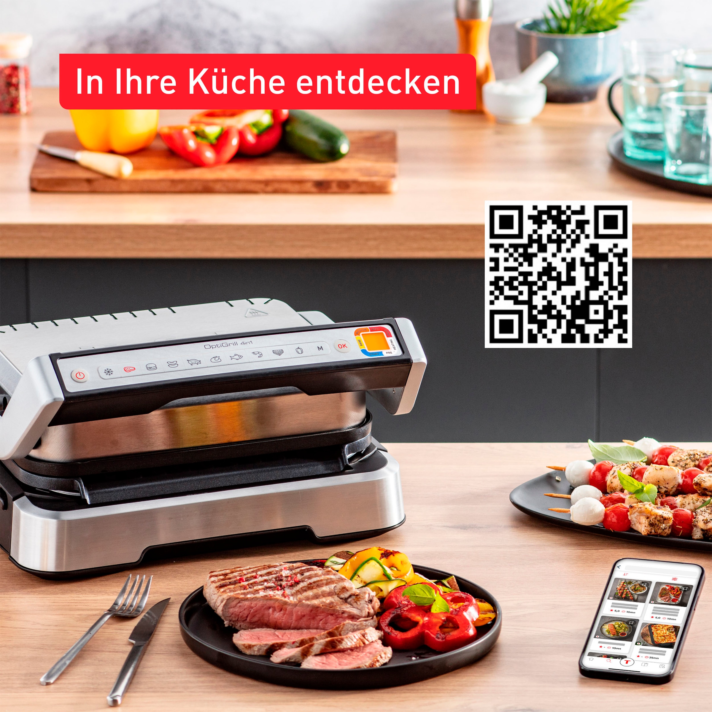 Tefal Kontaktgrill »GC774D TK OptiGrill 4in1 Grillen/BBQ/Ofen/kompl. Mahlzeit«, 2100 W, inkl. Backschale, Gratis Tipp-Kick-Spiel