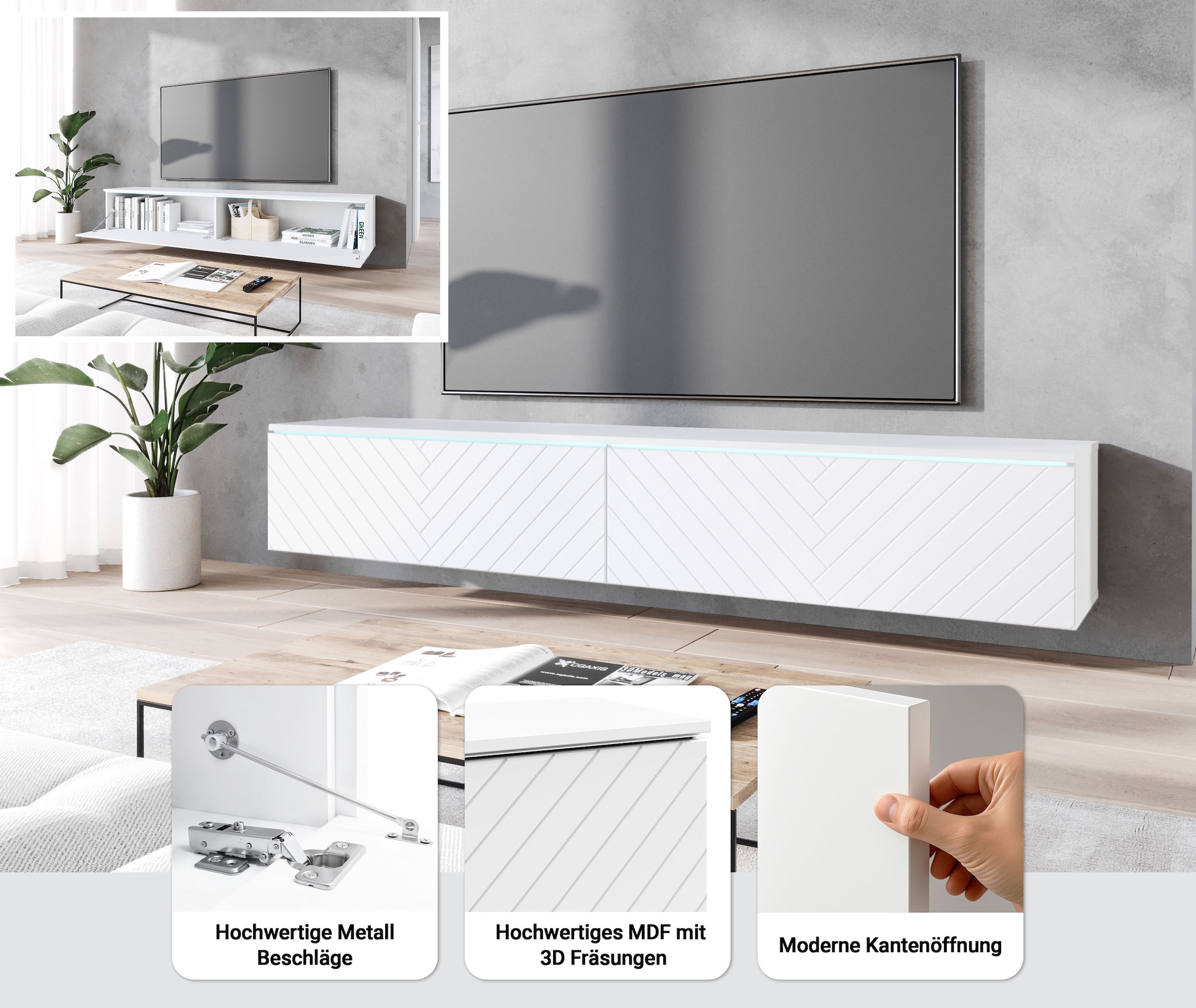 Home affaire Lowboard »Vera, wahlweise mit oder ohne Beleuchtung« gefräste MDF Front mit 3D Effekt, stehend und hängend montierbar