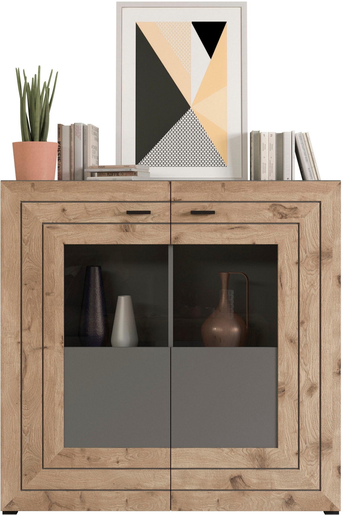 INOSIGN Highboard »Aalborg, Höhe 117cm, 2 Glastüren, 6 Fächer, 2-farbig, Metallgriffe«, Anrichte, Schrank, Kommode, Midischrank, Wohnmöbel, Wohnzimmer
