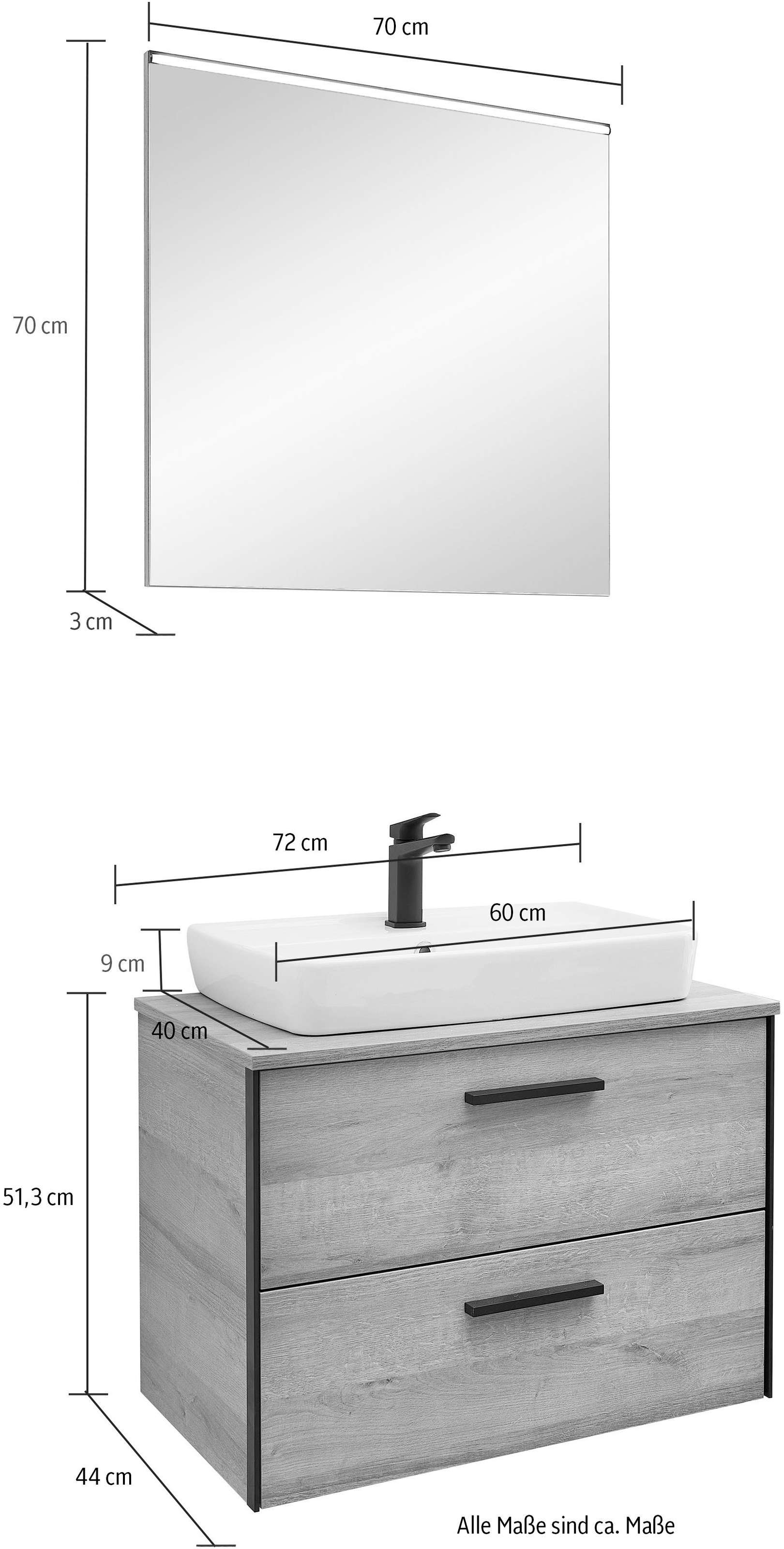 Saphir Badmöbel-Set »Quickset 395 2-teilig, Keramik-Aufsatzbecken mit LED-Spiegel«, (4 St.), Waschplatz 73 cm breit, 2 Schubladen, Waschtischplatte, Bad-Set