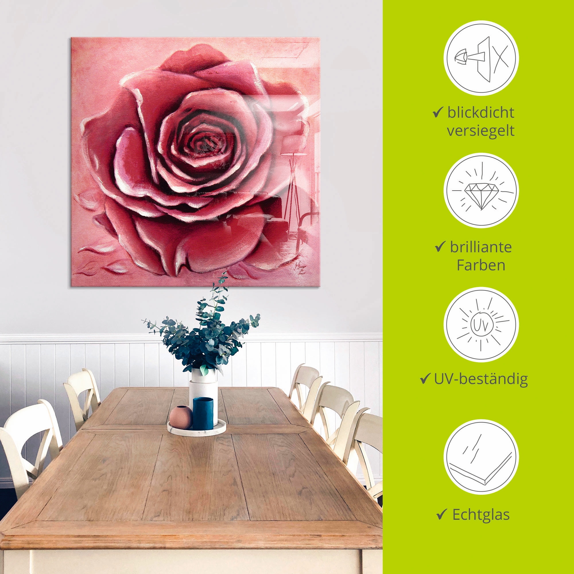 Artland Glasbild »Rote Rose handgemalt« Blumen 1 Stk. tlg. in verschiedenen Größen