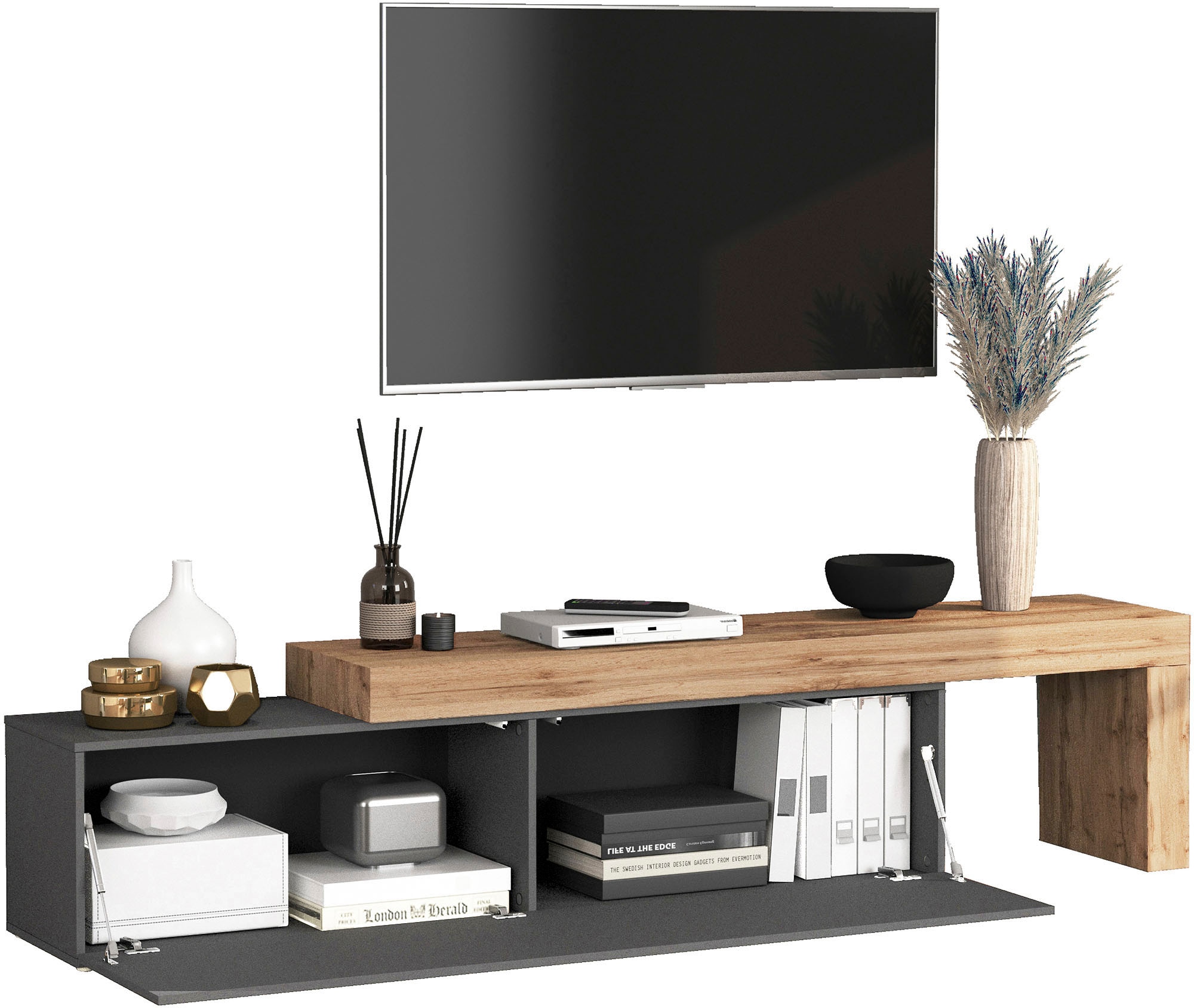 INOSIGN Lowboard »Chronos TV-Board, TV-Schrank«, (1 St., Breite verstellbar von 190 bis 350 cm), Breite 270 cm TV-Board,Lowboard,1 Klappe und ein L-Förmiger Aufsatz