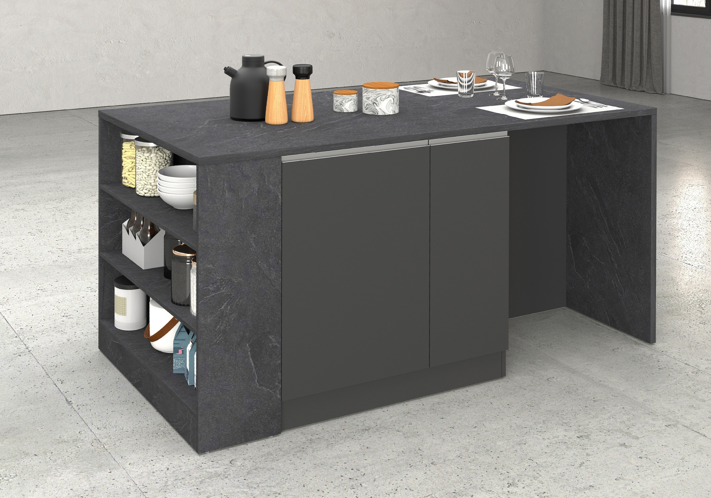 KOCHSTATION Kücheninsel »KS-Sole, Kochinsel, Küchenarbeitsblock, Arbeitsinsel, Made in Italy«, Breite 167,5 cm, 2 Apothekerauszüge, 2 Essplätze, 1 offenes Regal