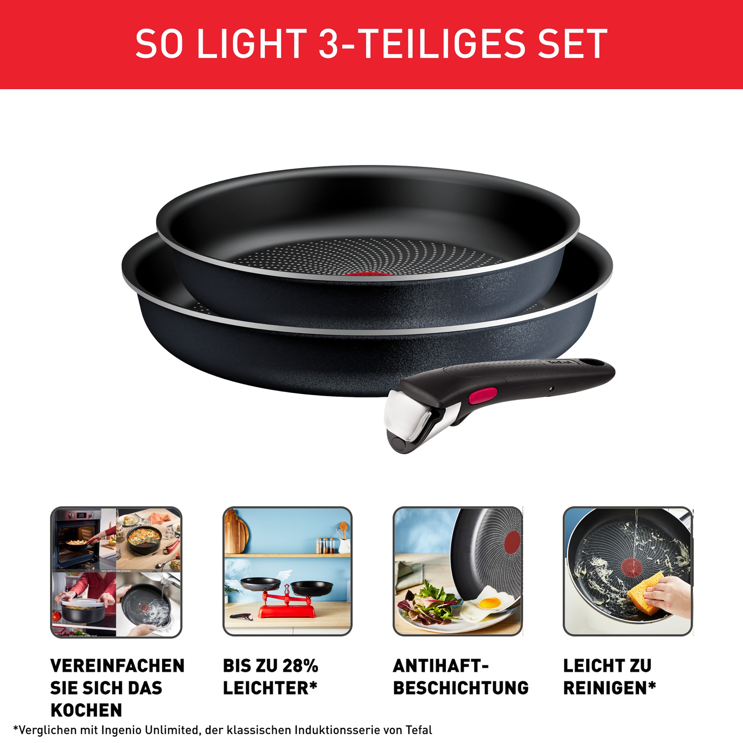 Tefal Pfannen-Set »Ingenio So'Light«, Aluminium, (Set, 3 tlg.), Light Tech Technology, abnehmbarer Griff, platzsparend, made in France