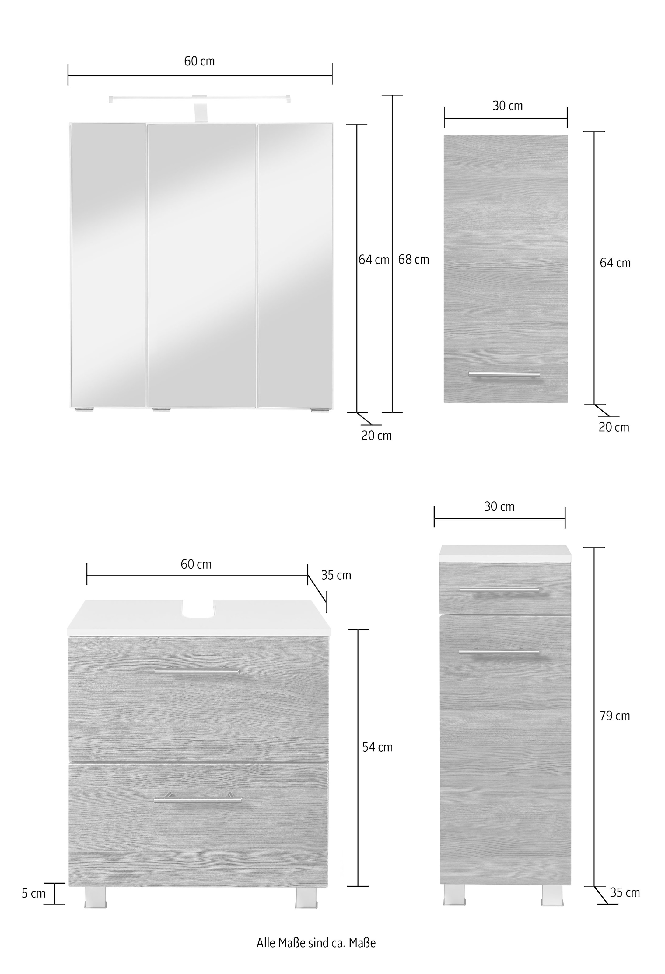 HELD MÖBEL Badmöbel-Set »Trento, Badezimmer-Set, Waschbeckenunterschrank, Hängeschrank«, (4 St.), Unterschrank, Waschbeckenunterschrank, Spiegelschrank, Aufbauleuchte