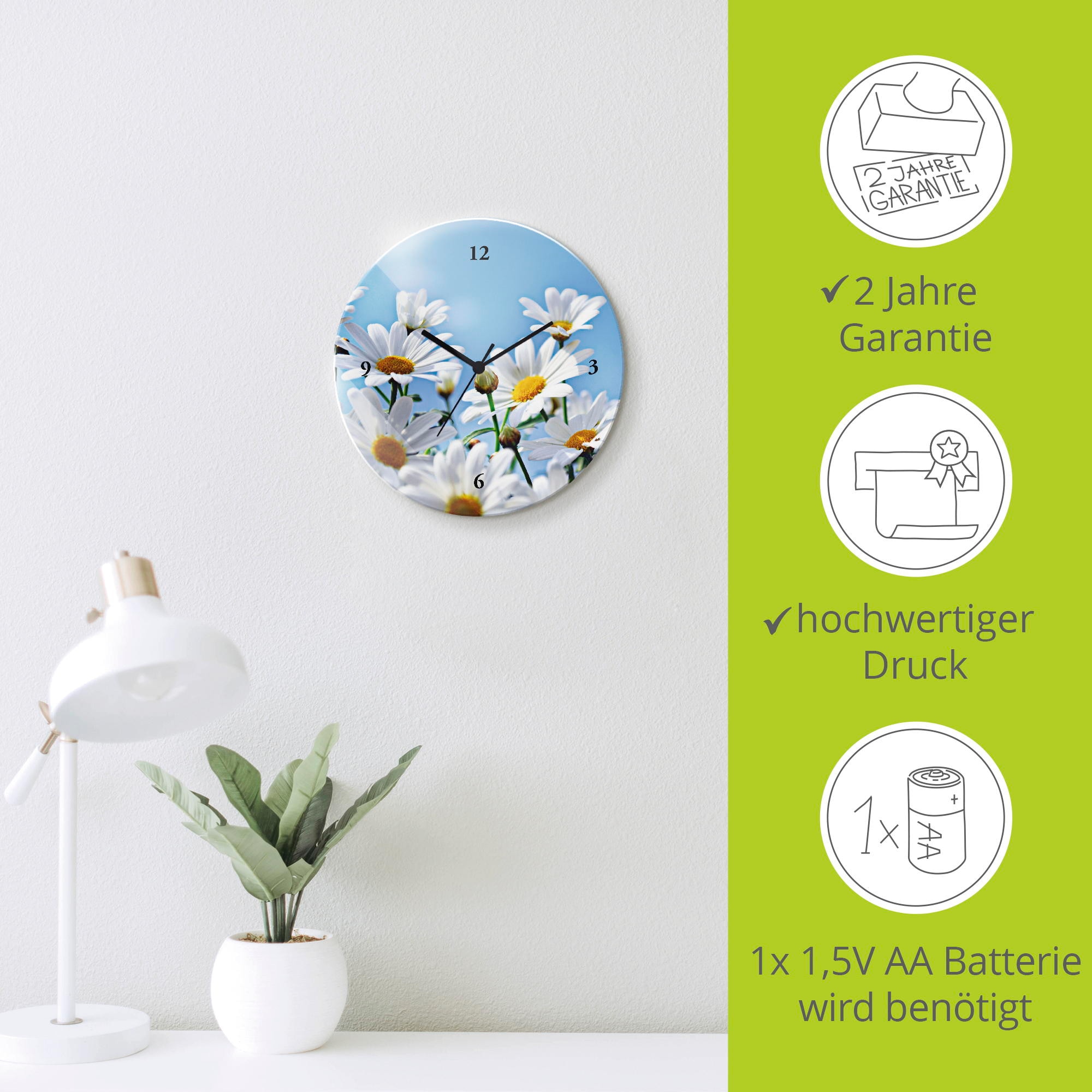 Artland Wanduhr »Blumen - Margeriten« wahlweise mit Quarz- oder Funkuhrwerk, lautlos ohne Tickgeräusche