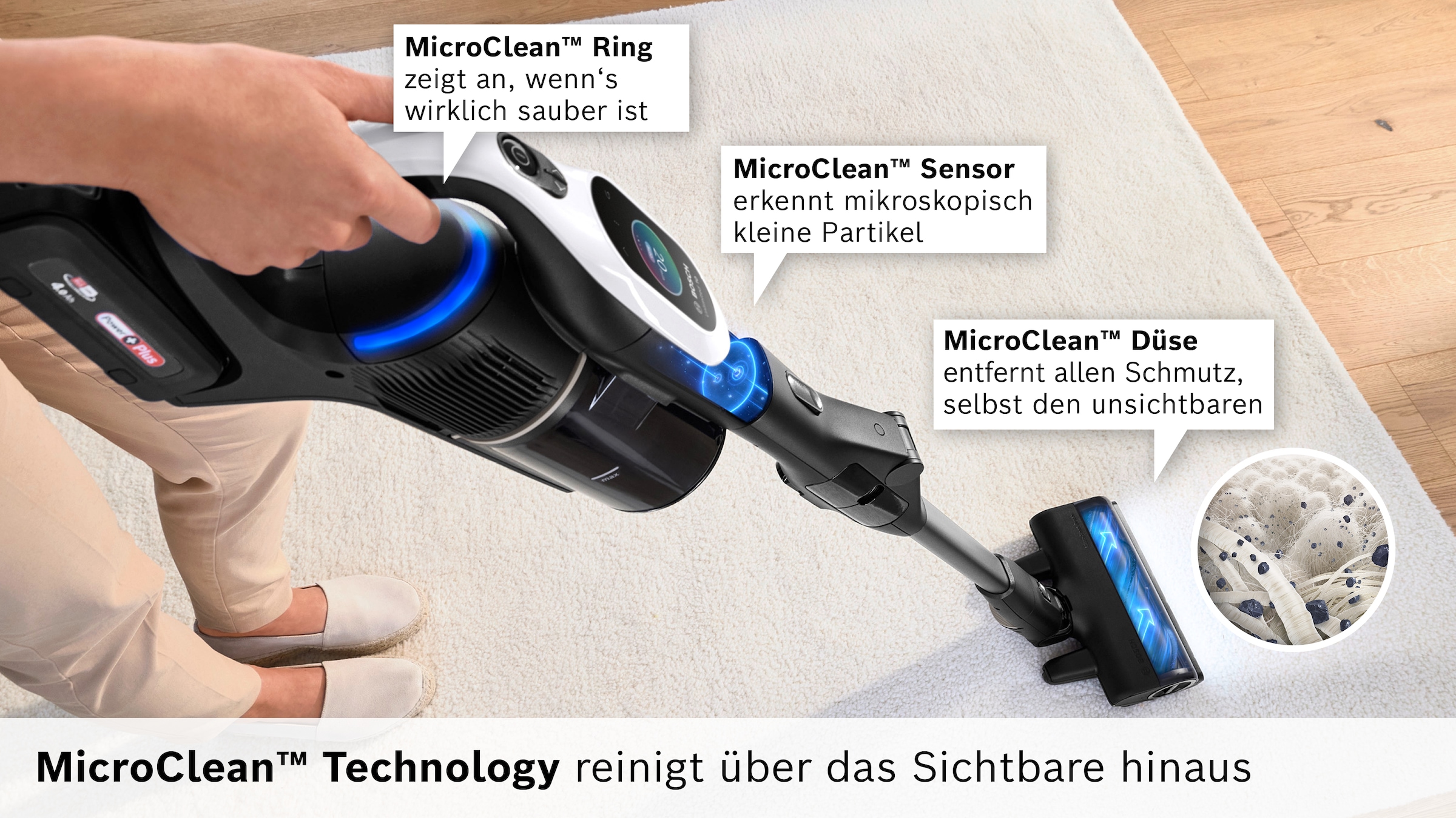 BOSCH Akku-Stielstaubsauger »Unlimited 10 BTS1042WAC, MicroClean™ Technology, 10 J. Motorgarantie« Display, Knickrohr, HEPA-Filtersystem, Schnellladegerät, 2 Akkus, weiß