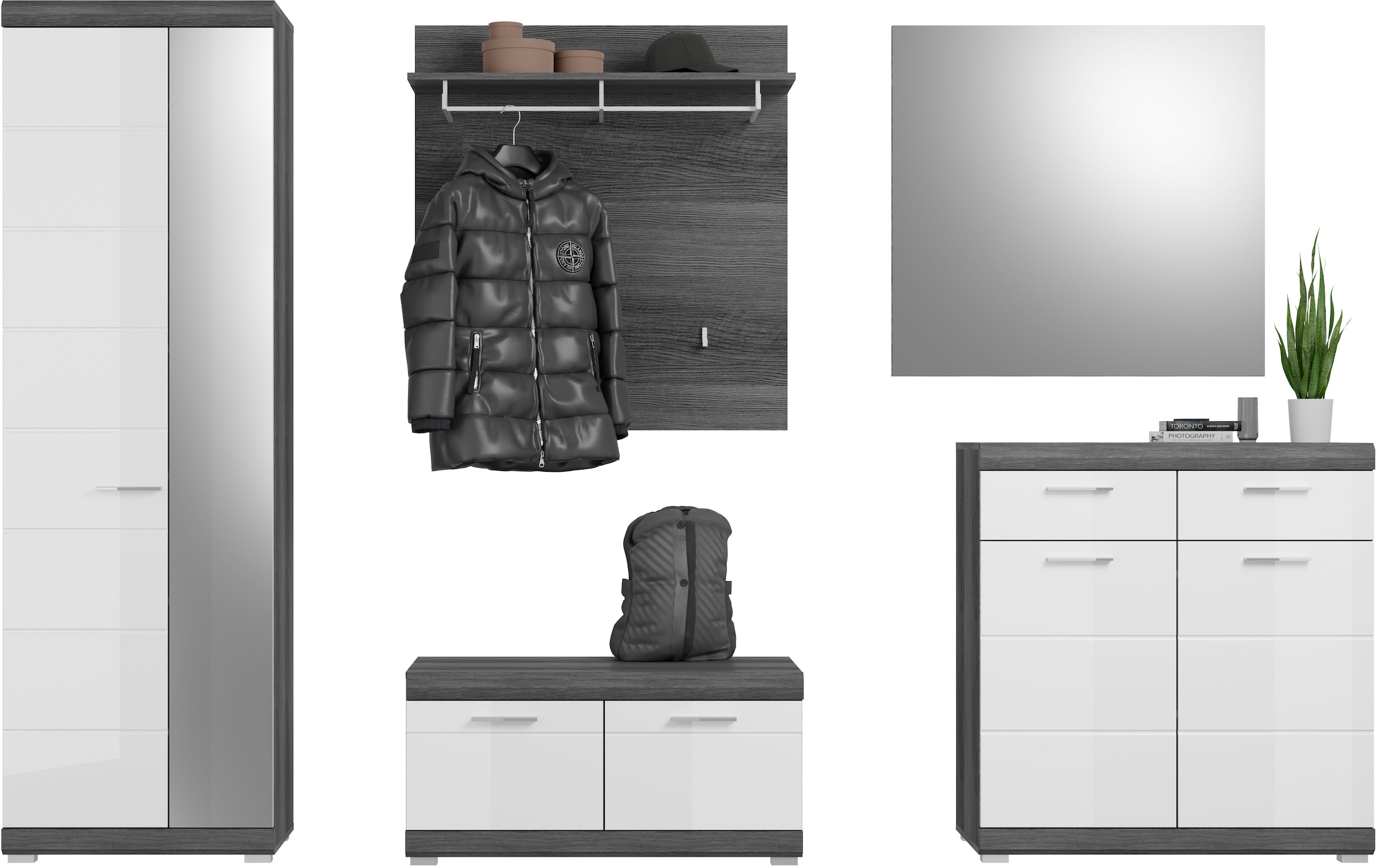 INOSIGN Garderoben-Set »Siena, Fronten mit hochwertiger Rillenfräsung, 5-teilig,bestehend aus:«, (Komplett-Set, 5 St.), Scout Garderobenkombinatio 5-tlg., Breite 272 cm, Flur, Diele