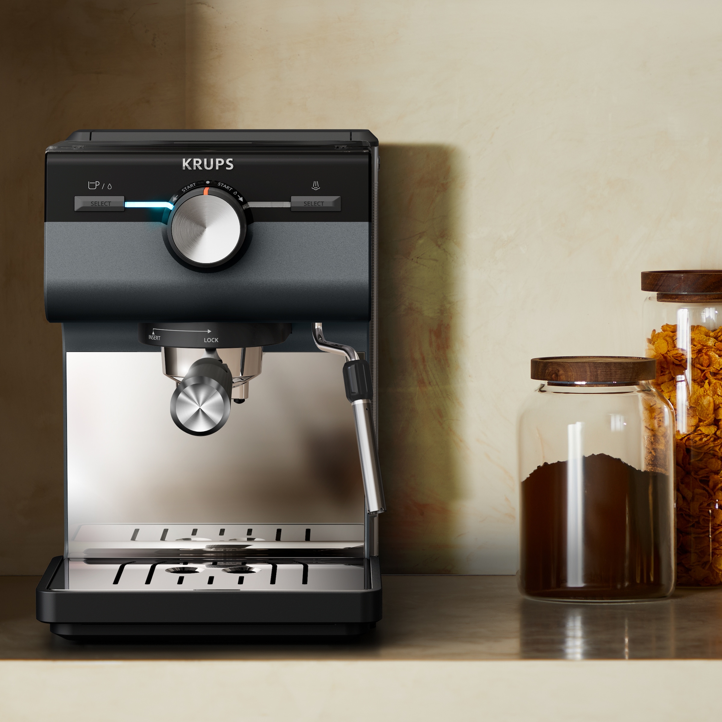 Krups Siebträgermaschine »XP384G Authentic+«, intuitives Bedienfeld, Milch-Aufschäumdüse, 3 Siebeinsätze