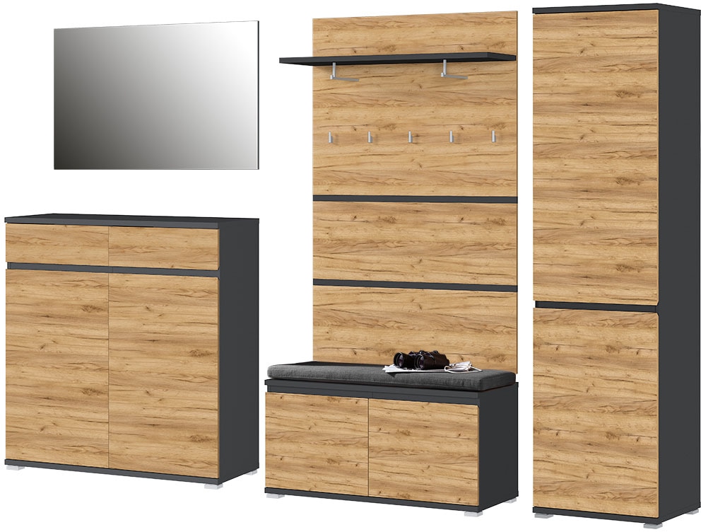 GERMANIA Garderoben-Set »Lissabon« Set, 6 Stk. tlg. anthrazit/navarra Paneel, Schuhschrank, Schuhbank, Garderobenschrank, Spiegel, Sitzkissen