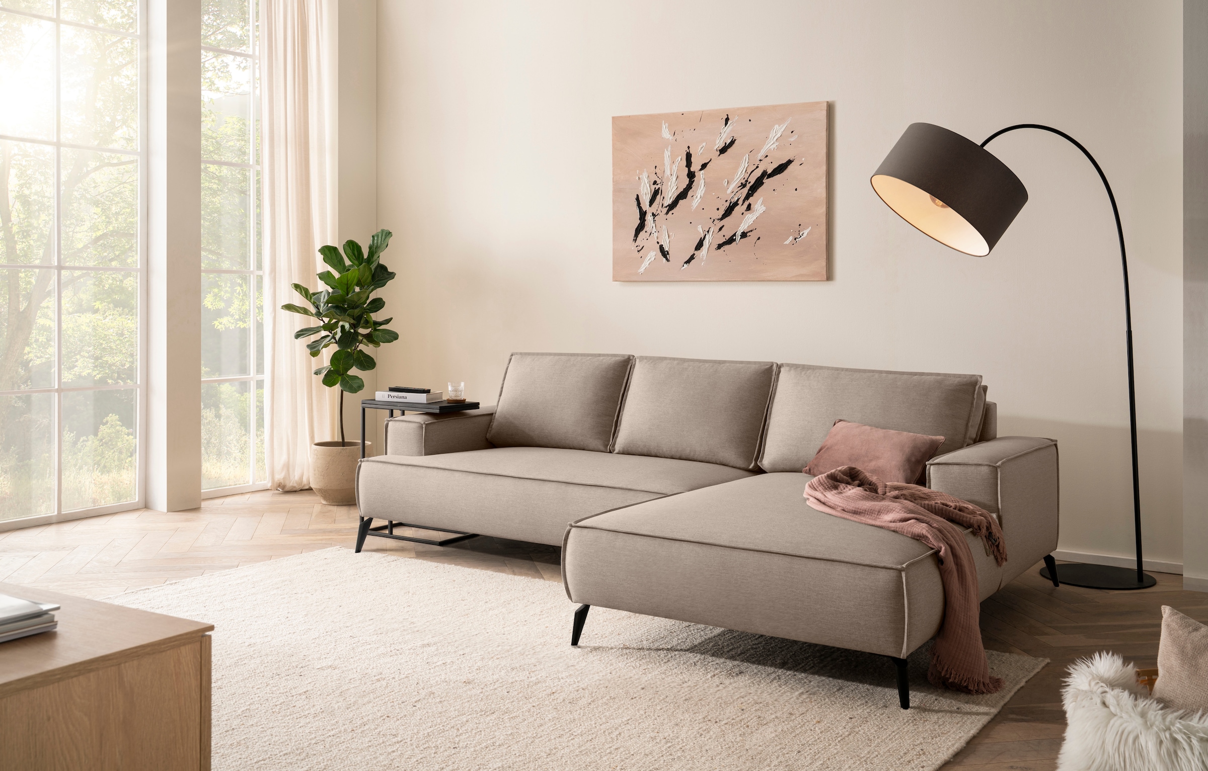 OTTO home Ecksofa »TVINNU Leinenoptik, L-Form, Breite 275 cm« wahlweise Recamiere rechts/links, schwarze Füße, bequemer Sitzkomfort