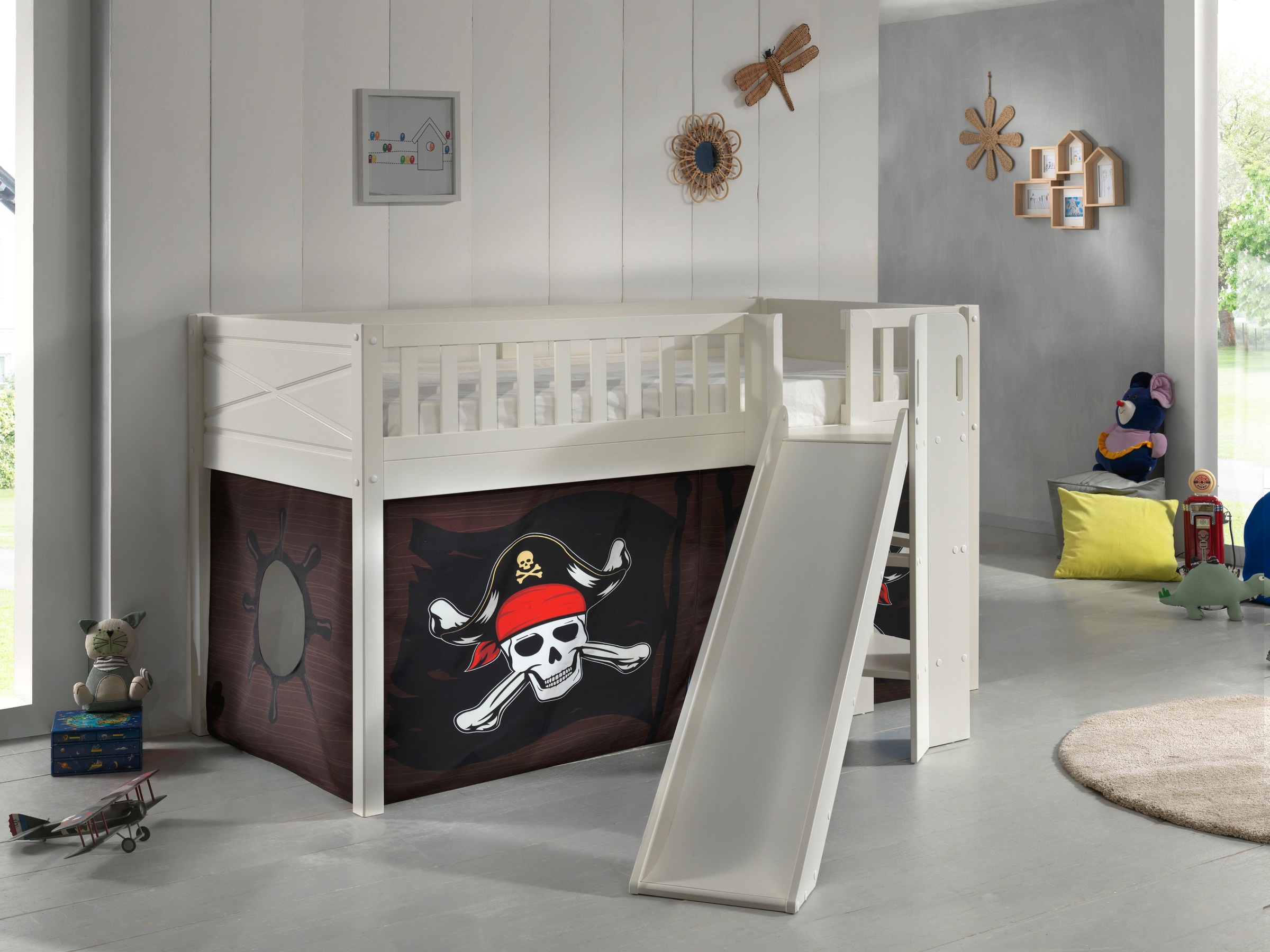 Vipack Hochbett »Scott«, (Made in Europe), m. Rutsch-/Leiterturm, LF 90x200 cm, Vorhang, Tunnel, 7 Designs
