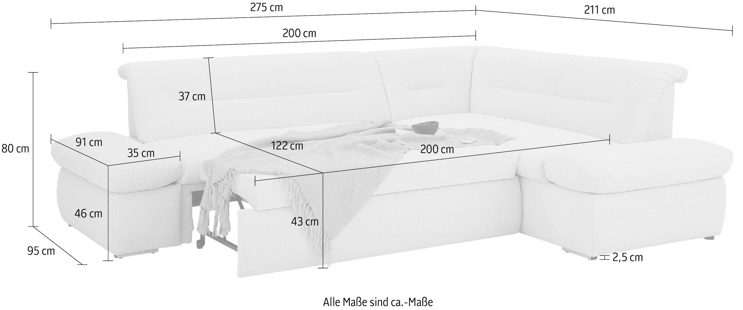 INOSIGN Ecksofa »Avesa L-Form«, Wahlweise mit Arm- und Bettfunktion, B/T/H: 275/211/80 cm