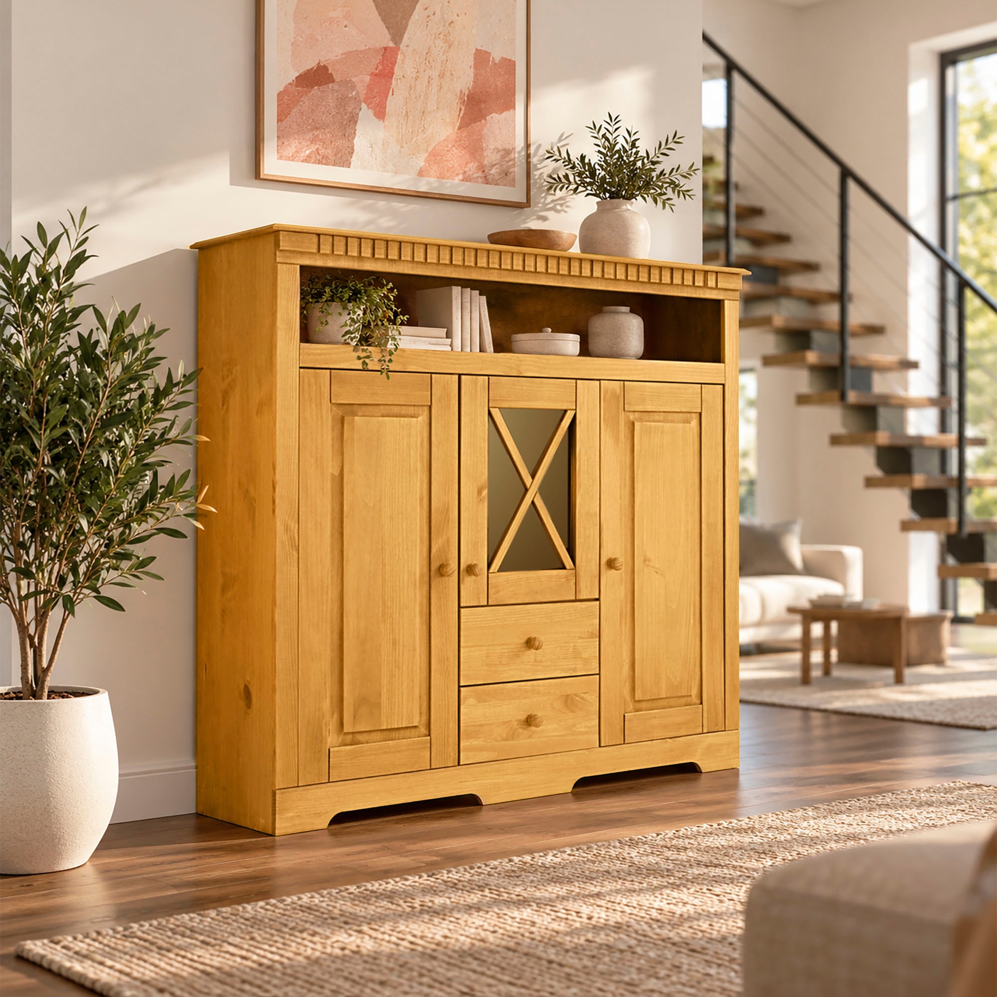 OTTO home Highboard »Lisa Kommode, offene & geschlossene Fächer & dekorative Fräsungen« massives Kiefernholz, 3 Türen, und 2 Schubladen, dekorativen Fräsungen