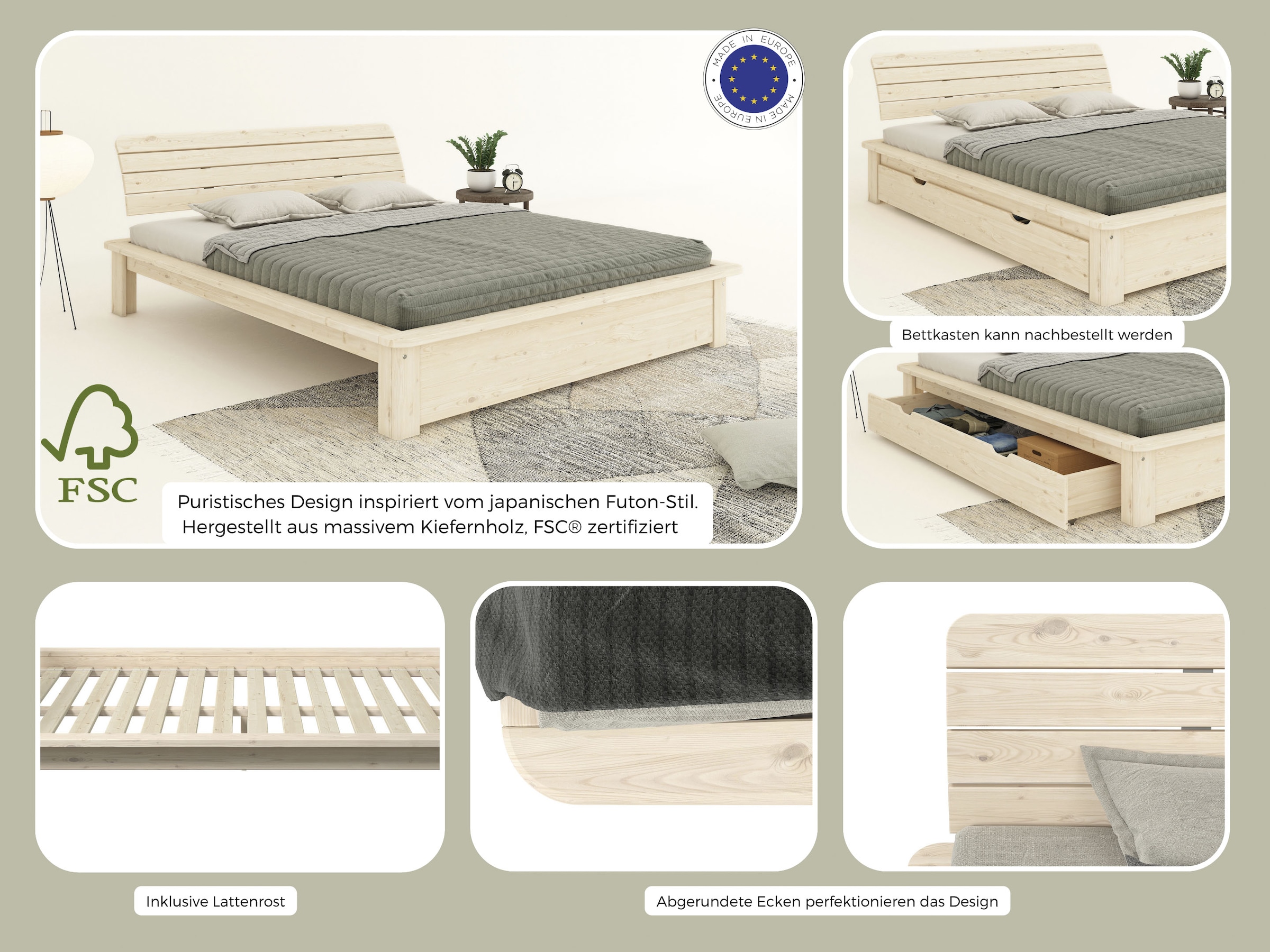 Home affaire Massivholzbett »Antri, Futonbett, ergonomisch geformtes Kopfteil, stilvolles Design« Rahmen zur Ablage von Smartphone, mit Lattenrost, Bettkasten optional