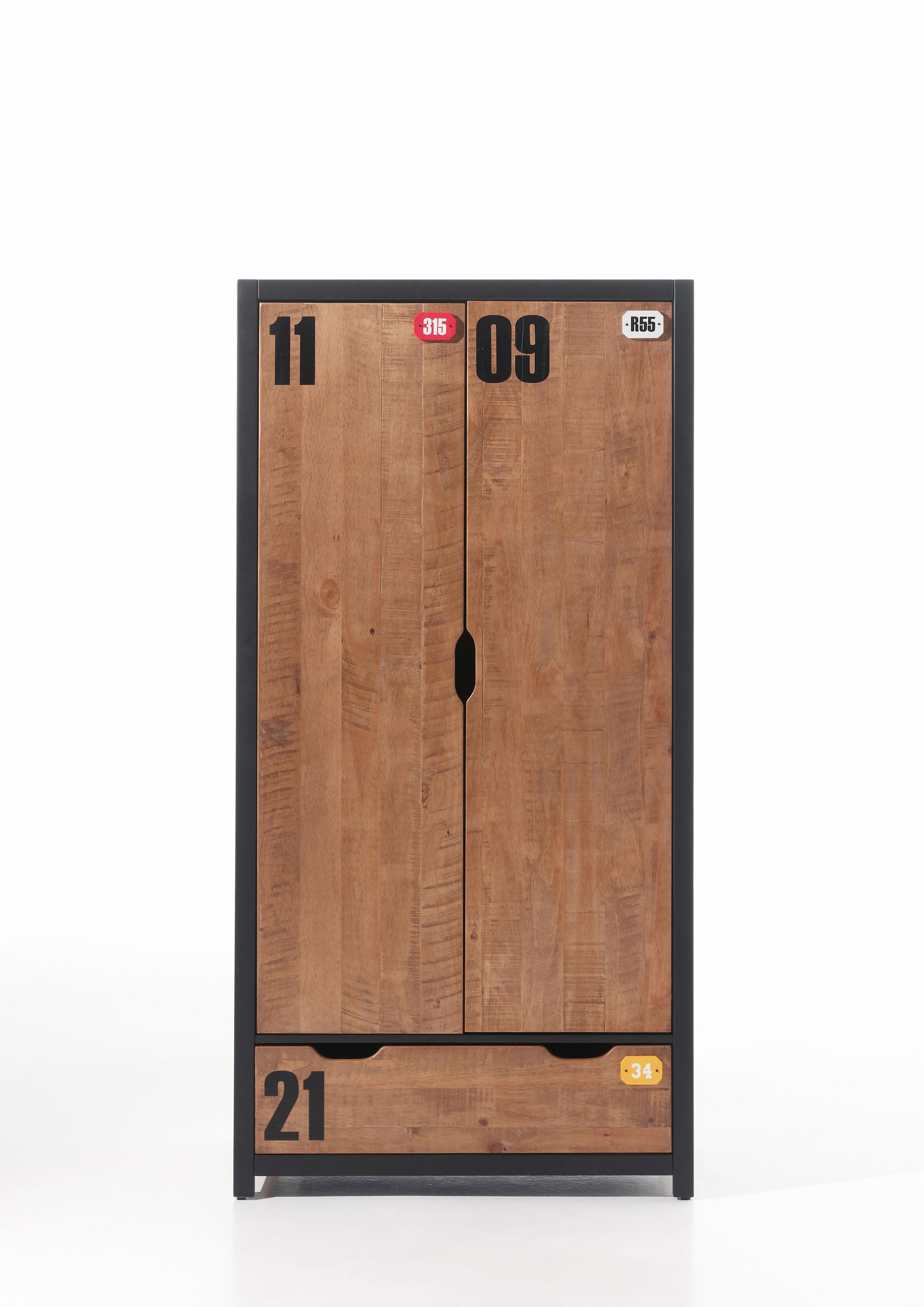 Vipack Drehtürenschrank »Alex, Fronten Massiv Kiefer In Hobel-Optik, Dekor Ziffern« H/T Ca. X200x55cm, Rahmen Schwarz, Wahlweise 2 Breiten, Inkl.