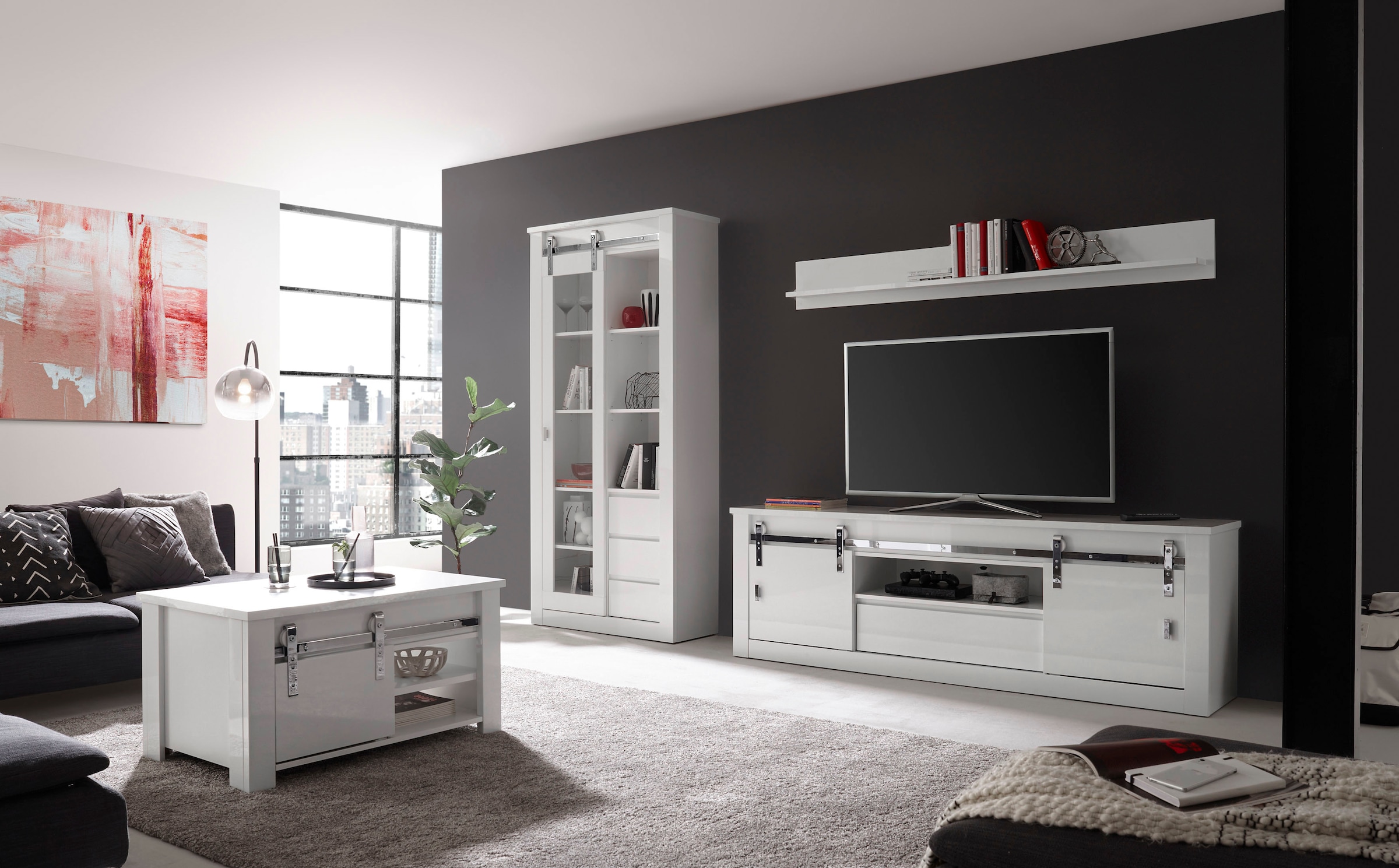 Home affaire Couchtisch »Daytona, Beistelltisch, Wohnzimmertisch, Sofatisch, Tisch« mit Schiebetürenbeschlag in Chrom-Optik, mit Fächern und Ablageböden