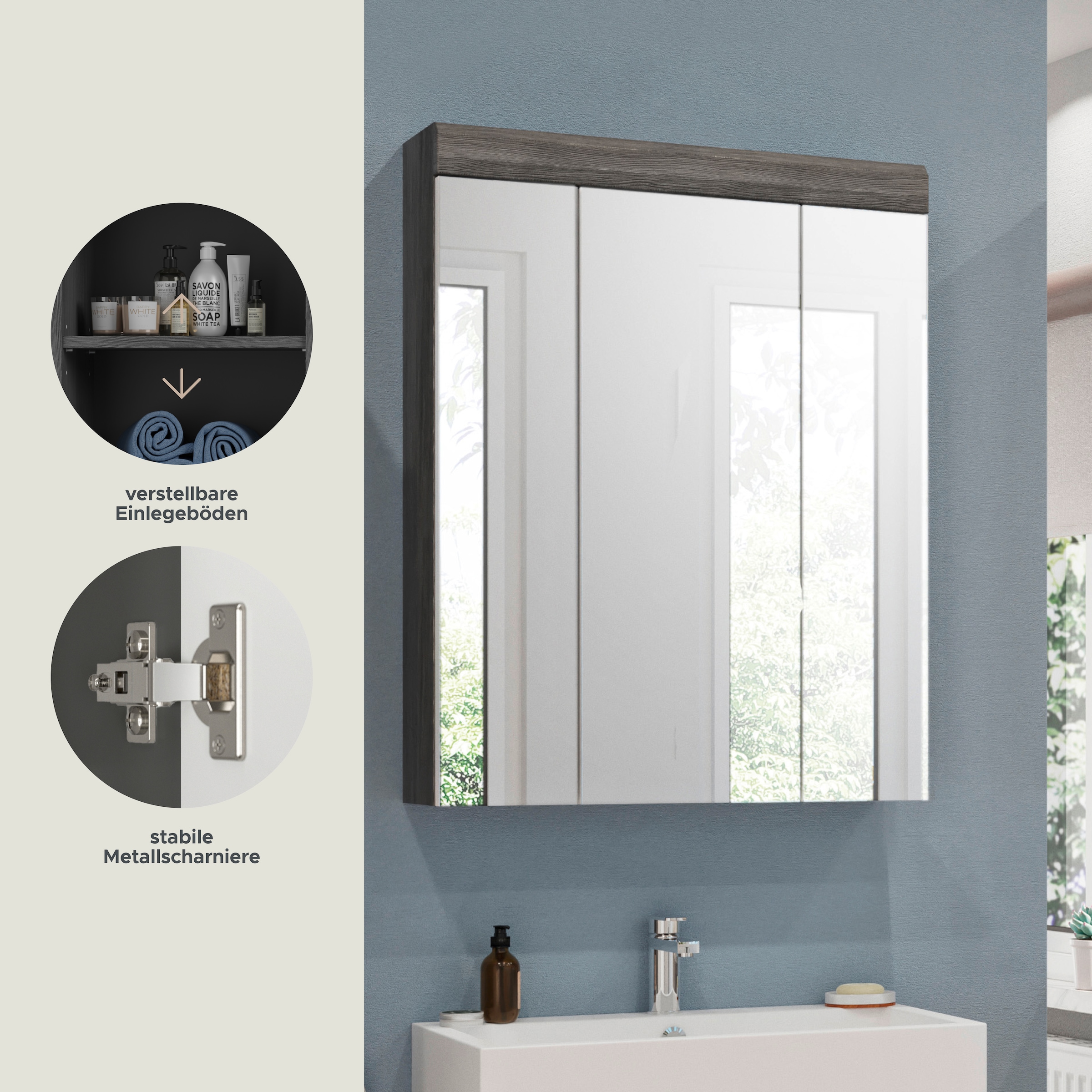 INOSIGN Badezimmerspiegelschrank »Siena, Breite 60cm, 3 Spiegeltüren, 9 Fächer, 6 Einlegeböden«, in verschiedenen Farben erhältlich, Badmöbel, Spiegel, Badschrank, Bad