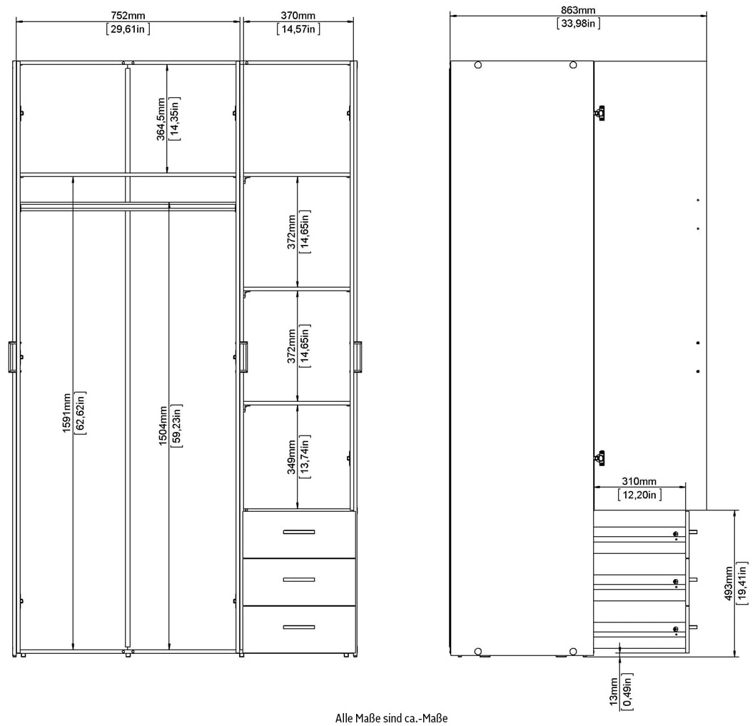 Home affaire Kinderkleiderschrank, Mit viel Stauraum, graue Stangengriffe, Gr. ca. 200,4 x 115,8 x 49,5 cm