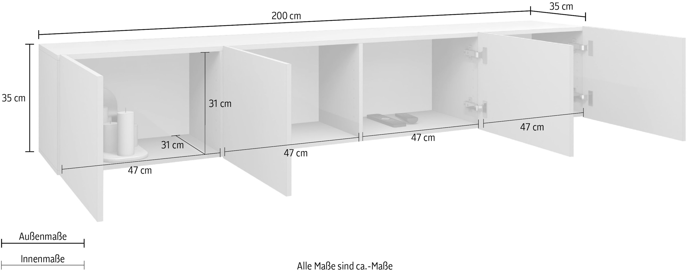 borchardt Möbel Lowboard »Sophia«, Breite 200 cm mit 4 Türen, stehend und hängend