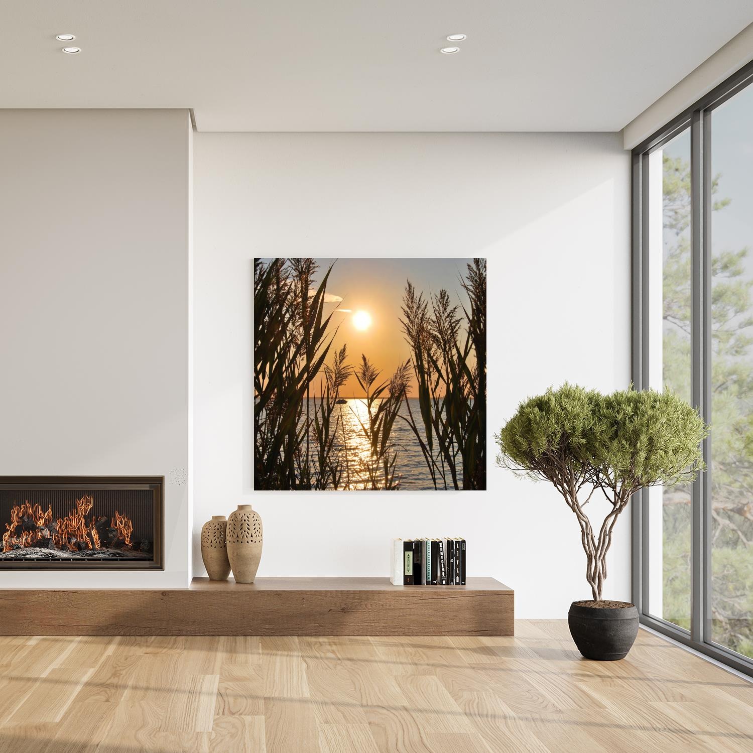 queence XXL-Wandbild »Akustikbild Seelandschaft Gräser«, Bilder vom Sonnenu günstig online kaufen