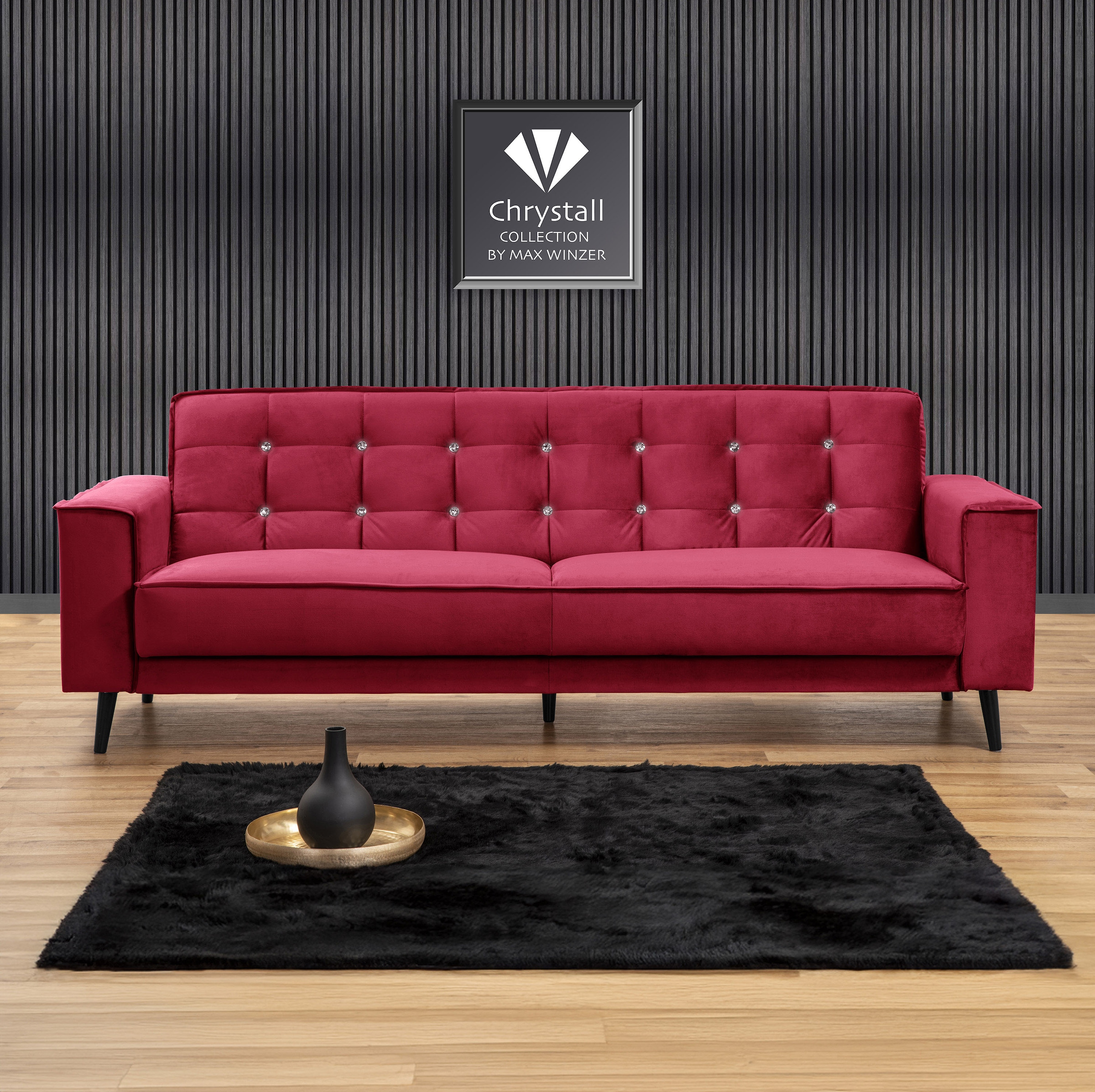 Max Winzer® Schlafsofa »Jersey, 3-Sitzer, Sofa in exklusivem Design, mit Strasssteinen«, handgefertigt, hochwertige Konstruktion, Samtvelours, mit Bettfunktion