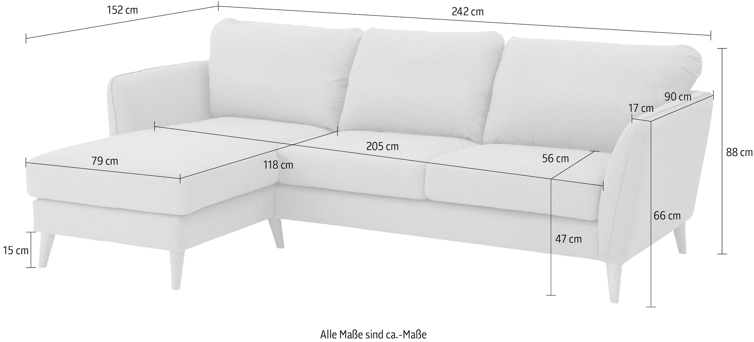 Home affaire Ecksofa »MARSEILLE (242/152cm),L-Form, Rec. rechts/links«, Massivholzbeine aus Eiche, in verschieden Bezügen und Farbvarianten