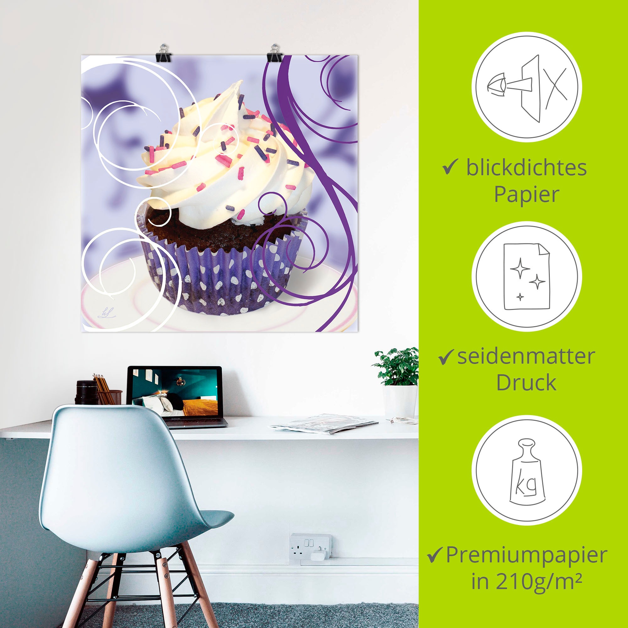 Artland Wandbild »Cupcake auf violett - Kuchen«, Süßspeisen, (1 St.), als Poster, Wandaufkleber in verschied. Größen