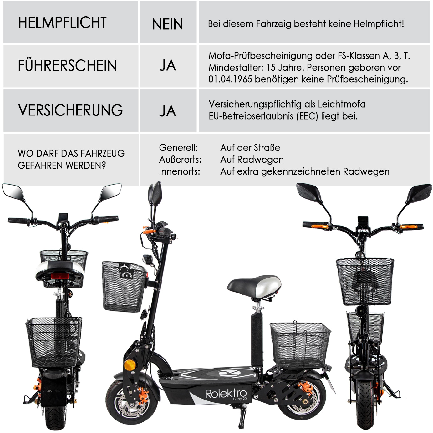 Rolektro E-Mofaroller »E-Joy 20, Schwarz, 36V-12AH Blei-Gel Akku, 500 Watt«, bis zu 30 km Reichweite