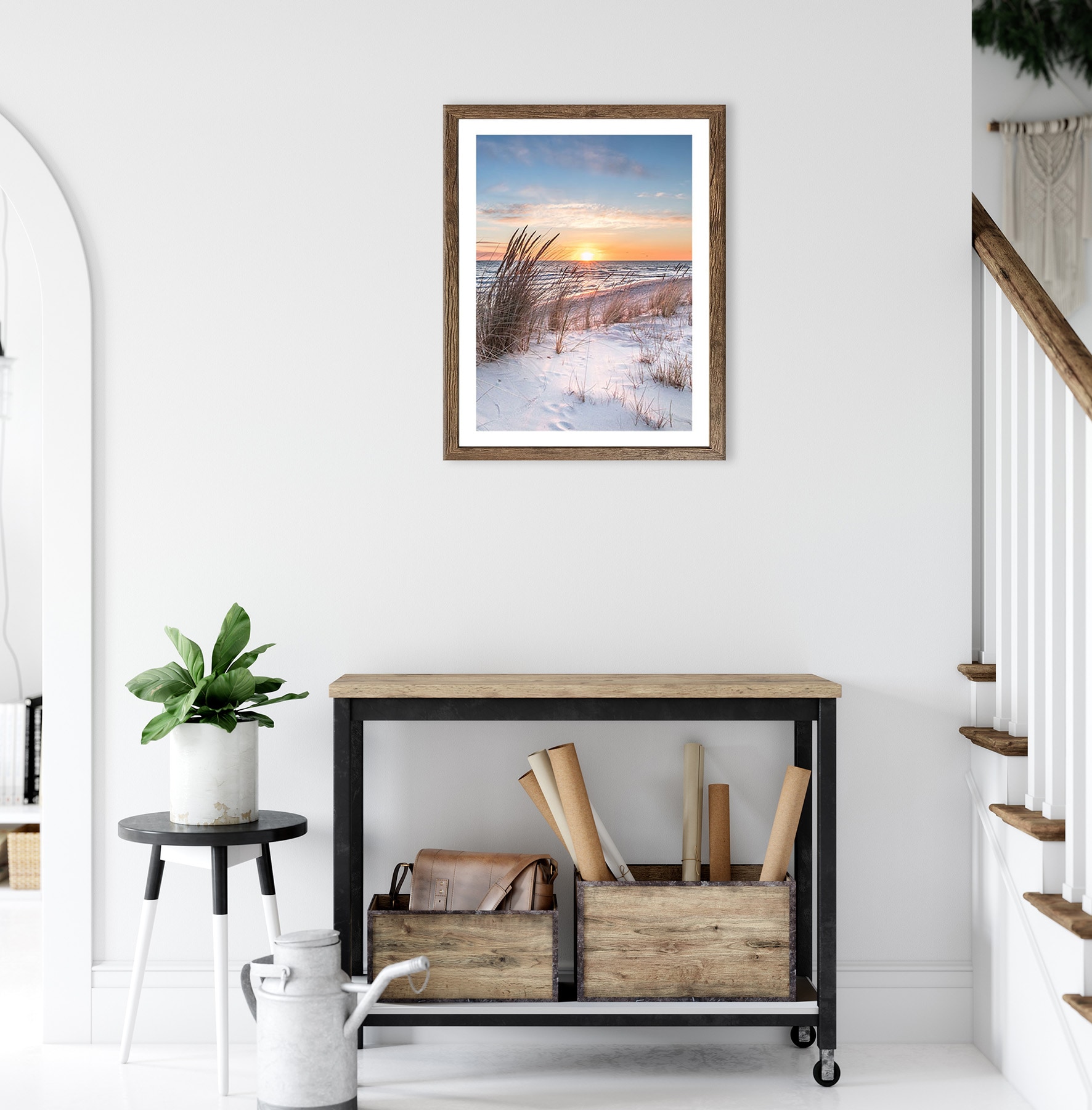 Bönninghoff Bild mit Rahmen »Wandbild gerahmt STRAND BEI SONNENAUFGANG 40x50 cm – Natur Wanddeko« Düne | Gräser | Küste | Landschaft | Meer | Natur | Sonnenaufgang & -untergang | Strand 1 Stk. tlg. mit dekorativem Rahmen