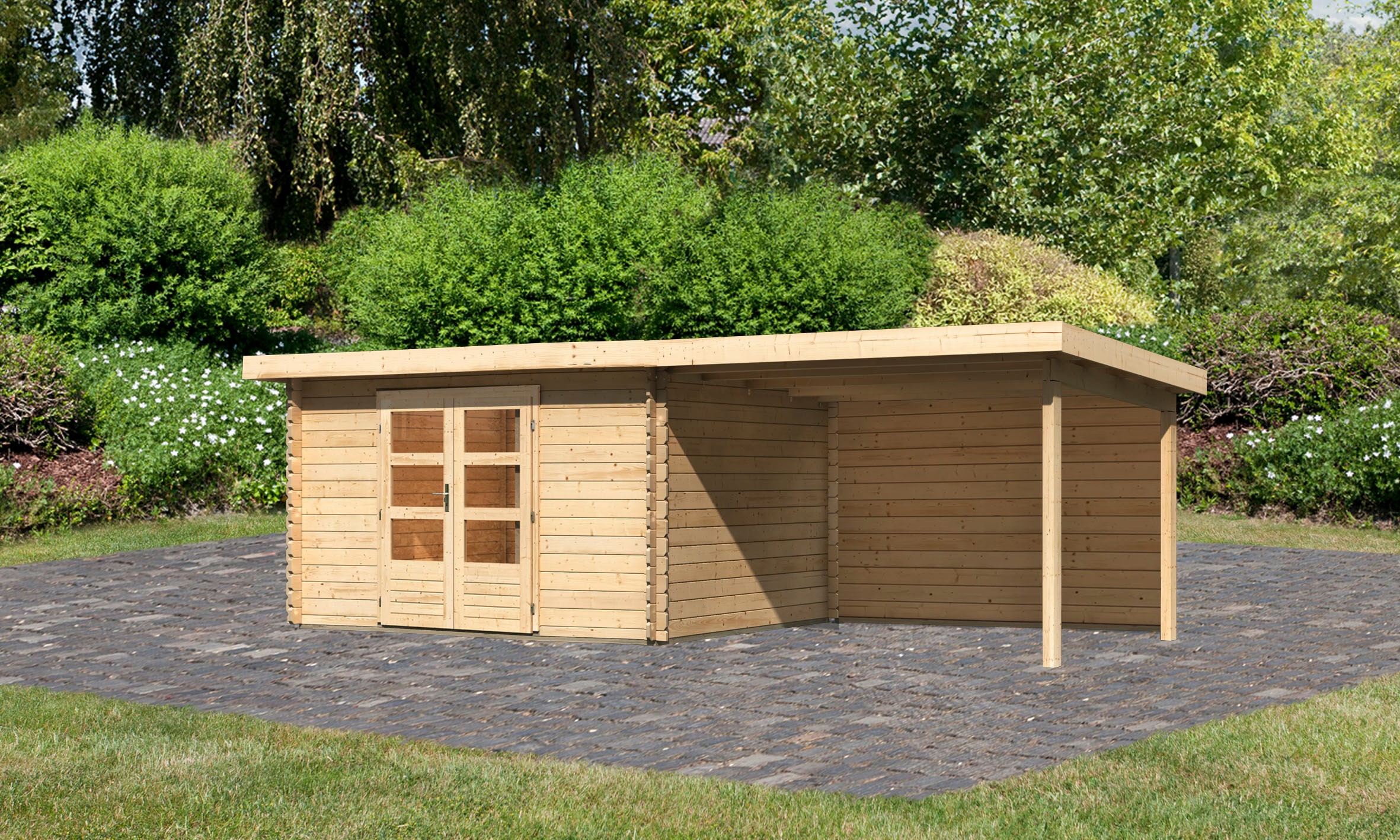 Karibu Gartenhaus »Schloßsee 7«, mit Anbaudach und Rückwand