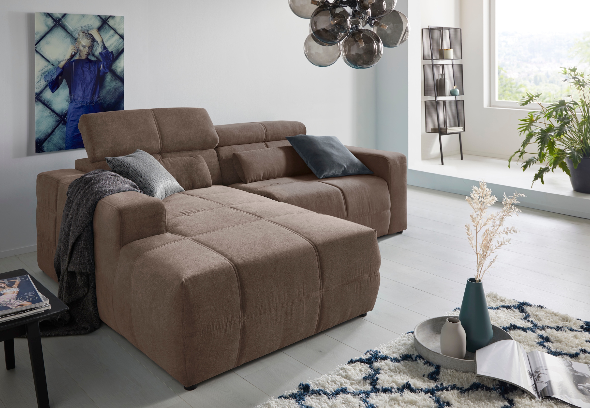 DOMO collection Ecksofa »Brandon Sitzbelastung 140 kg, kleine Ausführung B/T/H: 214/100/80 cm«, Mit Kopfteilverstellung, auch in Leder und Cord, L-Form
