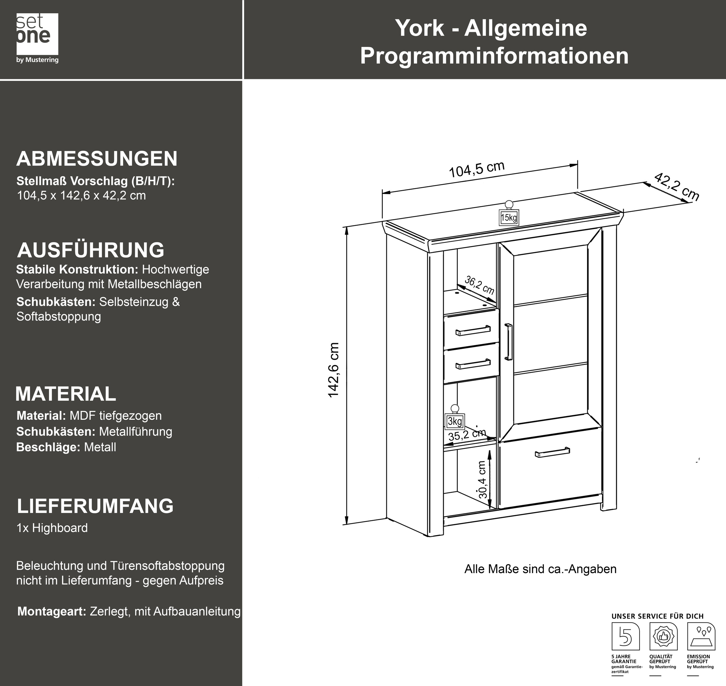 set one by Musterring Highboard »York« Typ 25 und 26, in 3 Farbvarianten, Beleuchtung optional, Breite 105 cm