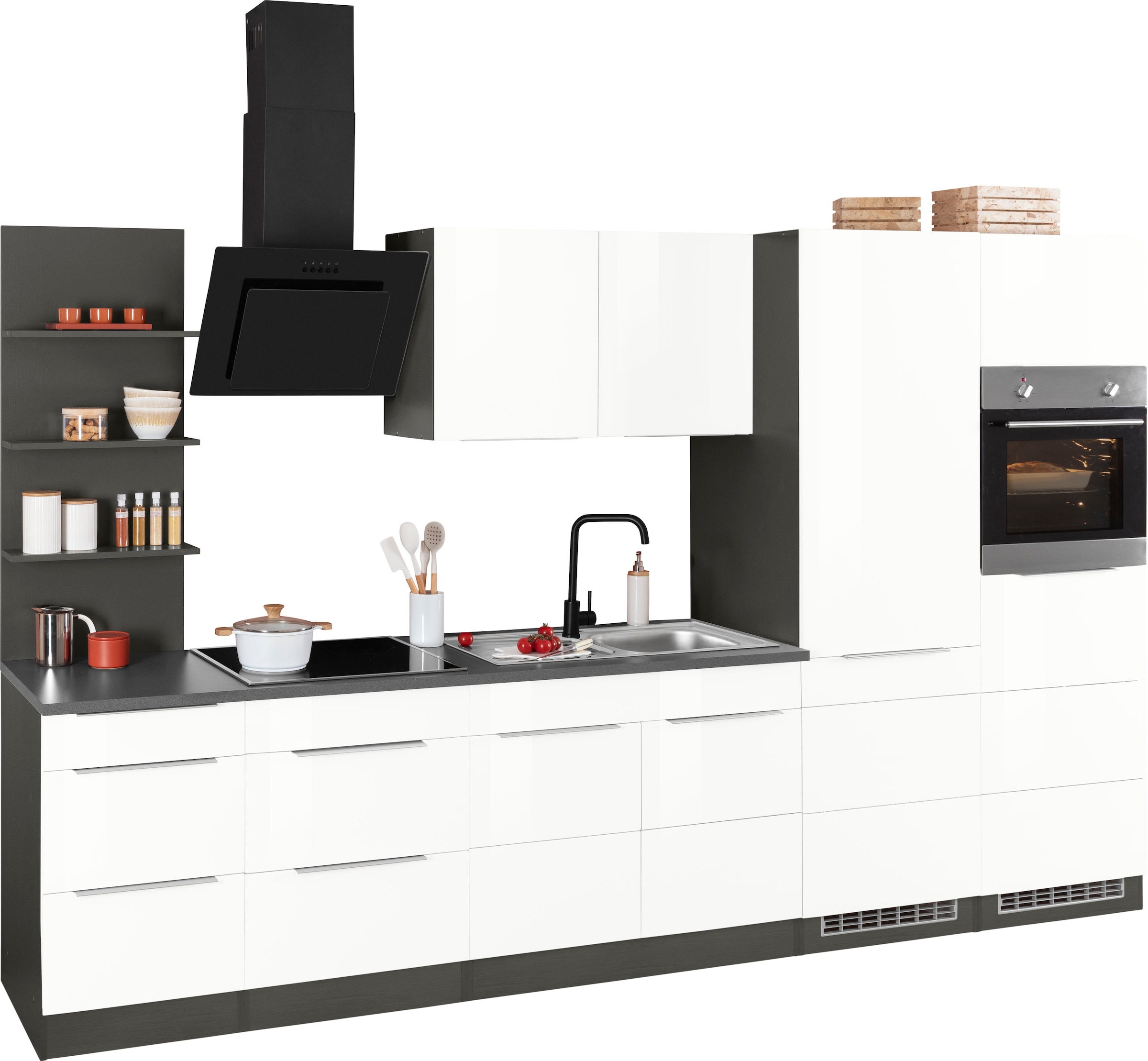 KOCHSTATION Küchenzeile »KS-Brindisi Breite 330 cm«, wahlweise mit E-Geräten und Induktion, mit MDF-Fronten und Regal