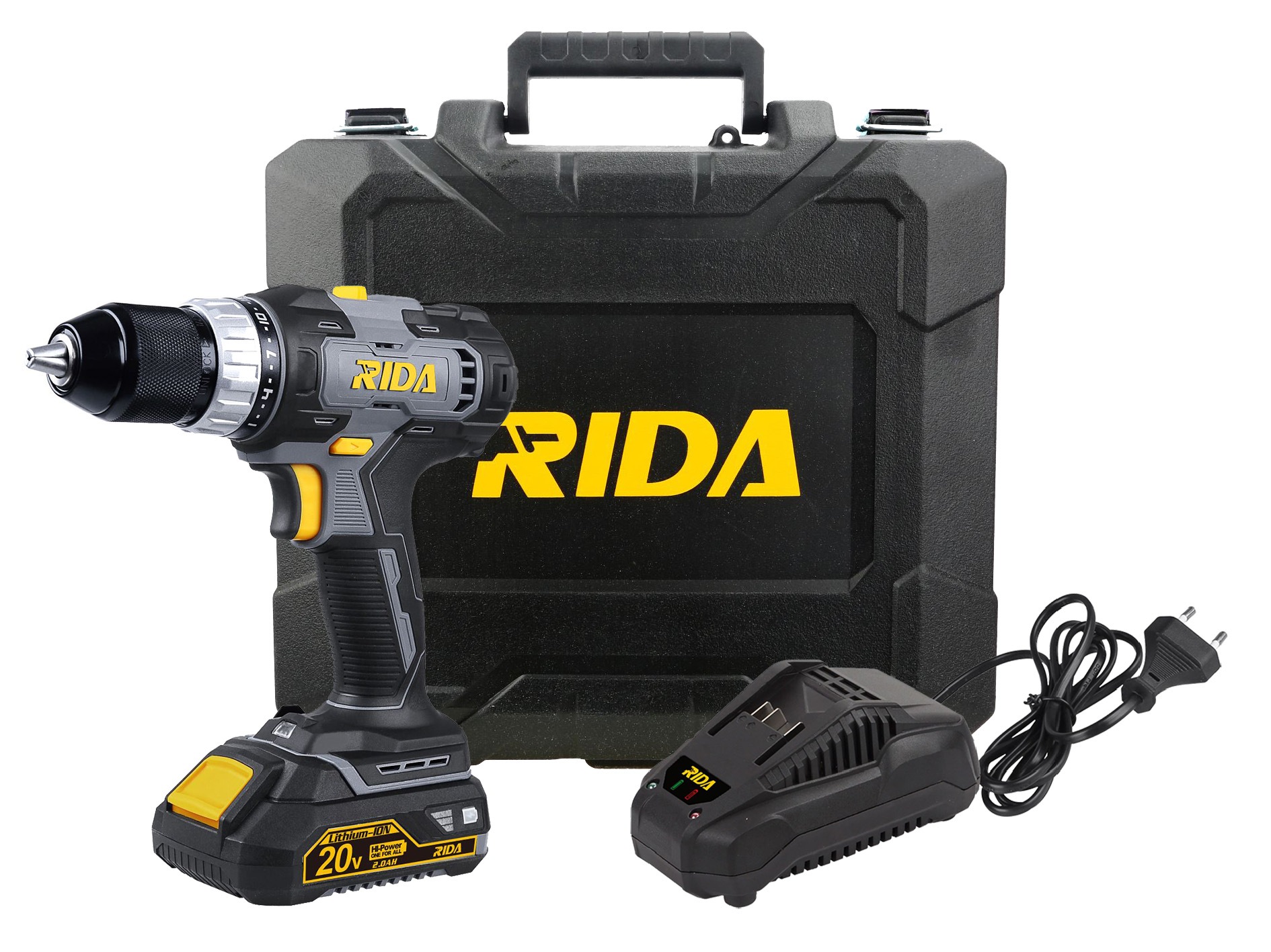 Bild von RIDA Akku-Bohrschrauber »LCD787-1S 20V«, (1x 2,0Ah Akku, Netzteil, Transport-Box, 20-tlg. Bit-& -Bohrer-Set)
