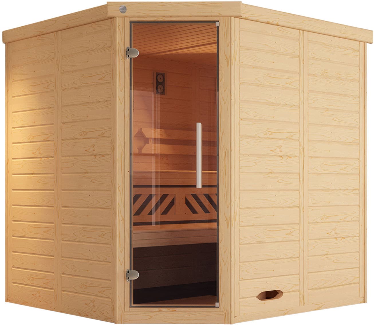 weka Sauna »Design-Sauna KEMI Eck 1«, naturbelassenes Fichtenholz, moderne Glastür