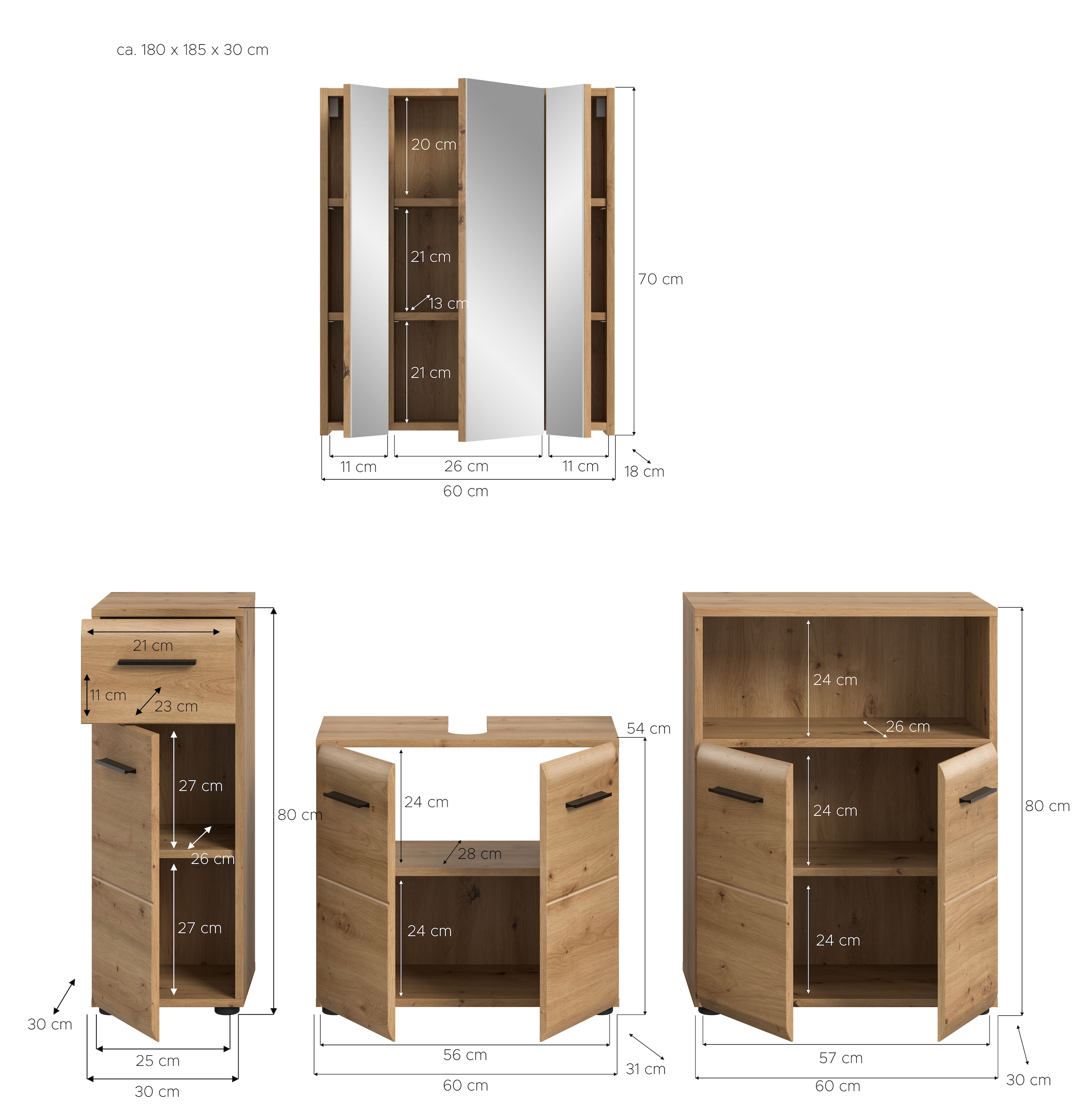 INOSIGN Badmöbel-Set »FLORENZ, TOPSELLER!, 4-teilige Badkombination, hochwertige MDF-Front«, (Set, 4 St., Unterschrank, Waschbeckenunterschrank, Spiegelschrank, Midischrank), Florenz, Badkombination 4-tlg., Artisan Oak NB, WBU, Spiegelschrank