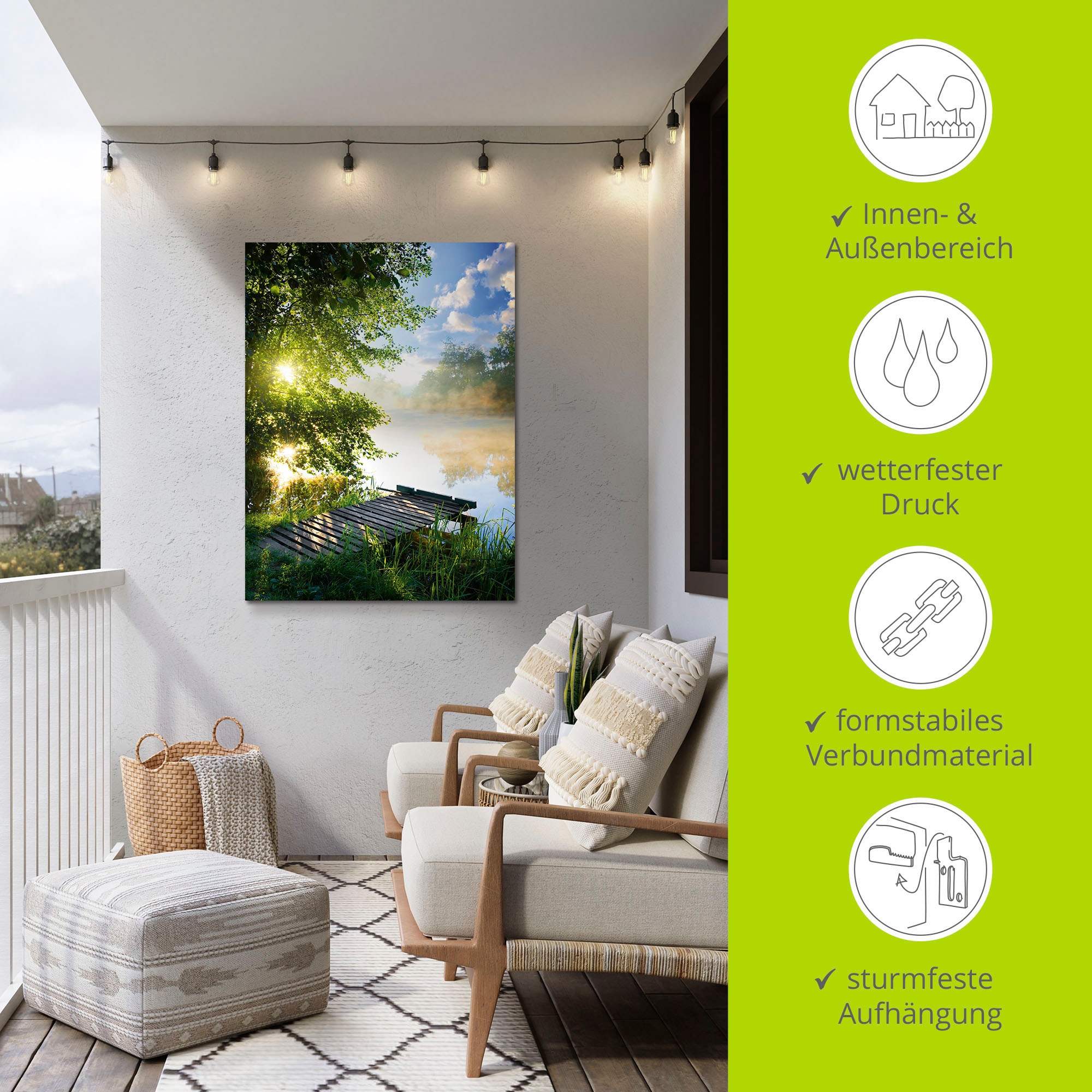 Artland Wandbild »Angelsteg am Morgen«, Gewässer, (1 St.), als Alubild, Outdoorbild, Leinwandbild, Poster, Wandaufkleber