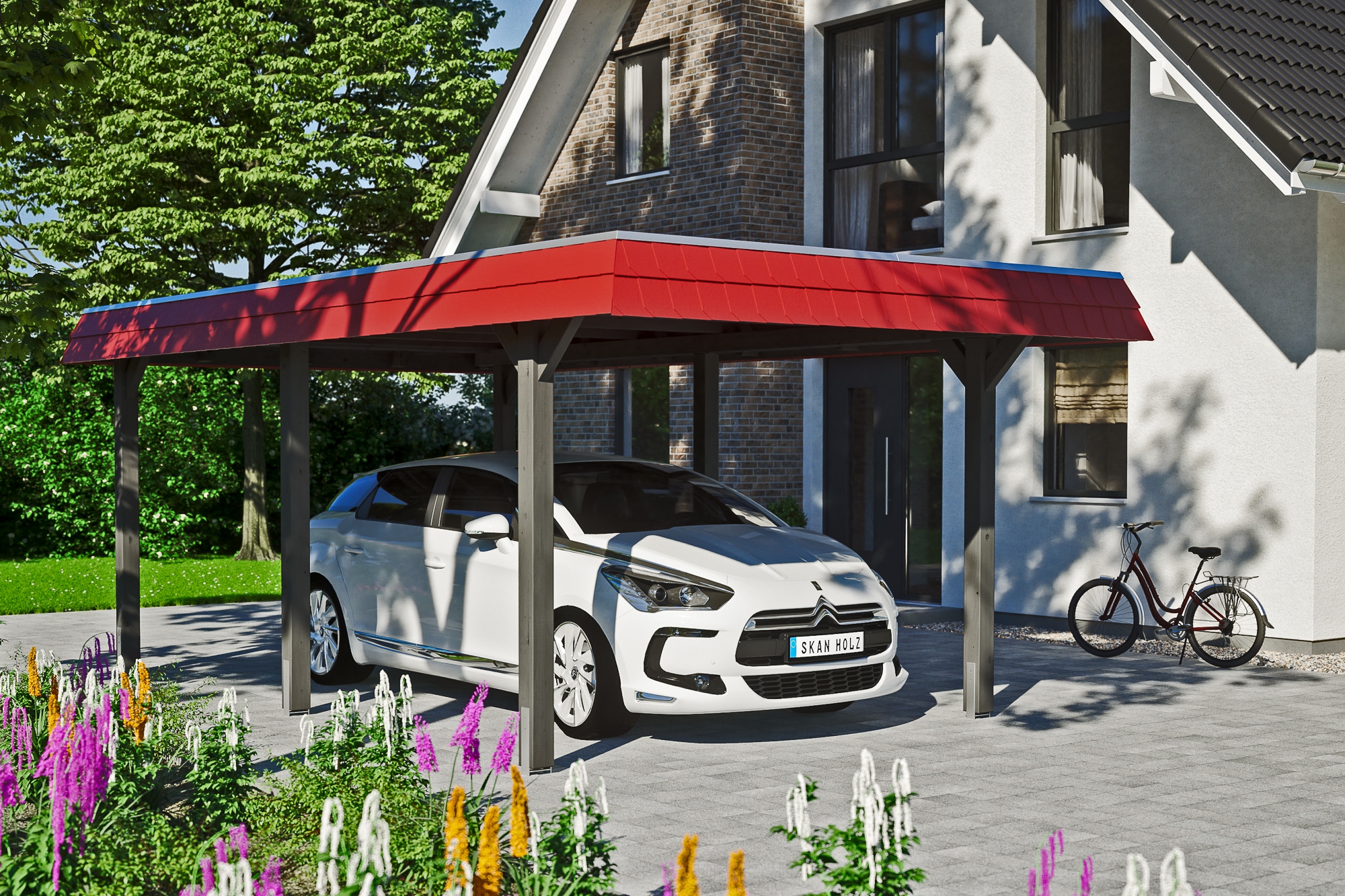 Skanholz Einzelcarport »Wendland«, Leimholz-Fichte, 291 cm, Schiefergrau, mit Aluminiumdach, rote Blende