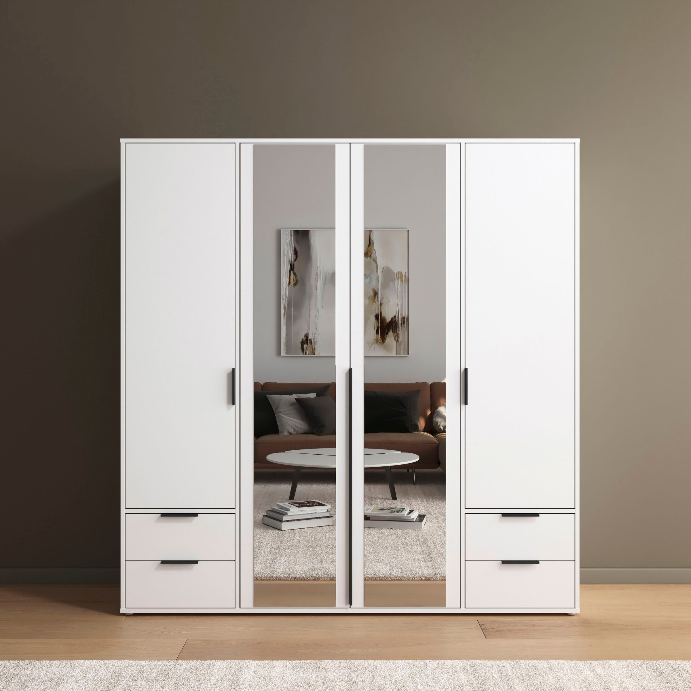 rauch Drehtürenschrank »Kleiderschrank Schrank Garderobe Wäscheschrank NAGATA mit Spiegel«, (in 3 verschiedenen Ausstattungen BASIC/CLASSIC/PREMIUM), und Schubladen sowie Stangengriffen TOPSELLER MADE IN GERMANY