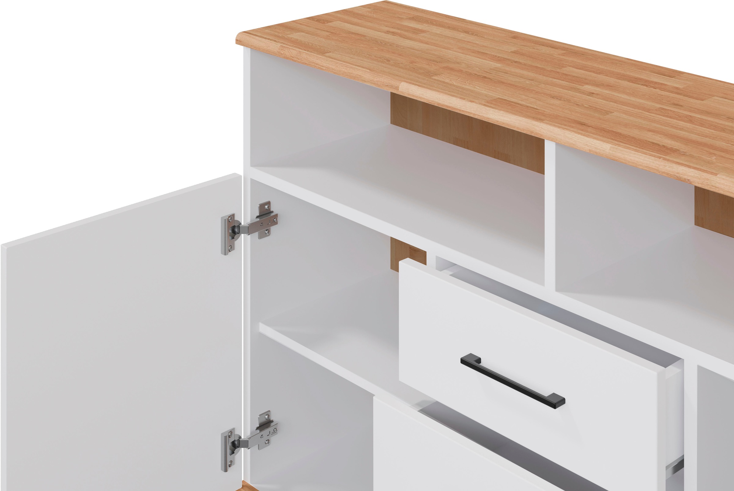 Home affaire Sideboard »Ribe,130cm breit,80cm hoch,Oberplatte Holz massiv,6 Fächer«, Oberplatte Eiche massiv,schwarze Metall Griffe