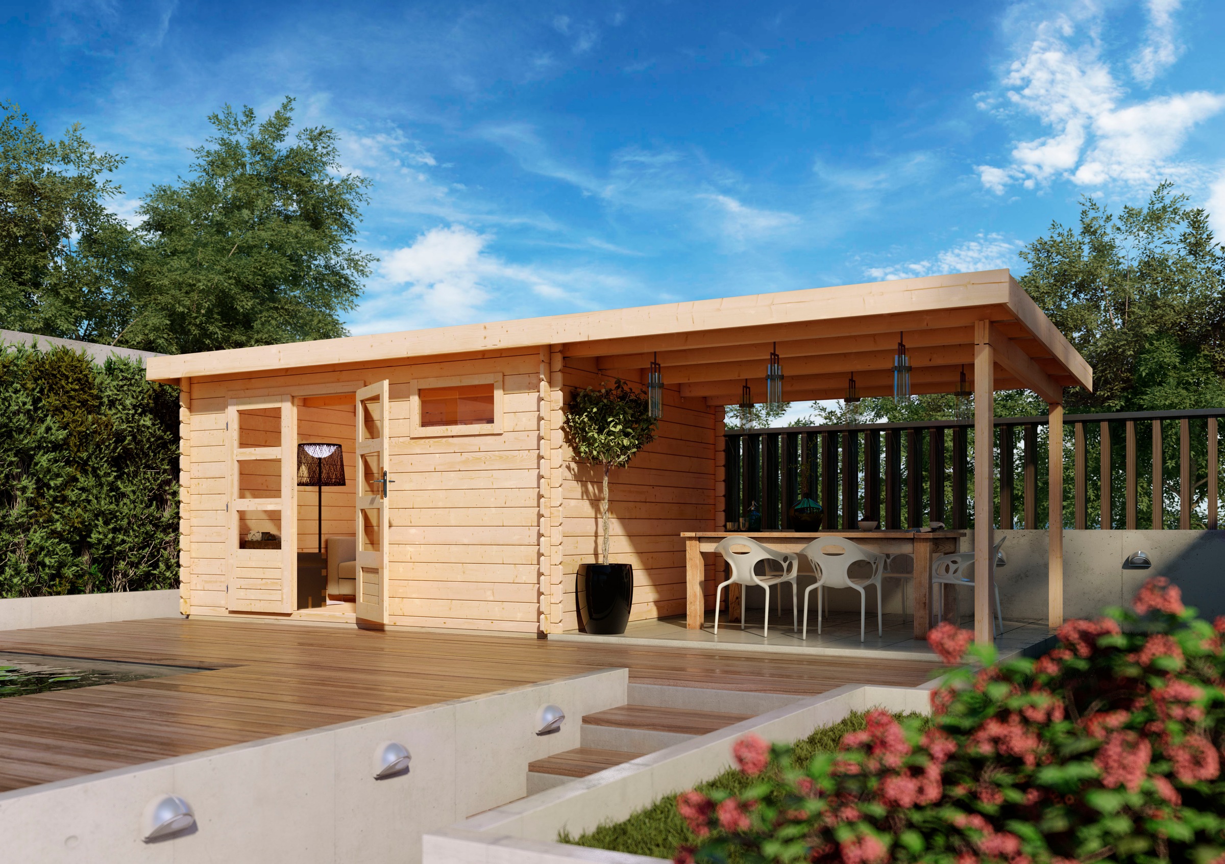 Karibu Gartenhaus »Schloßsee 8«, mit Anbaudach, anthrazit, terragrau oder natur