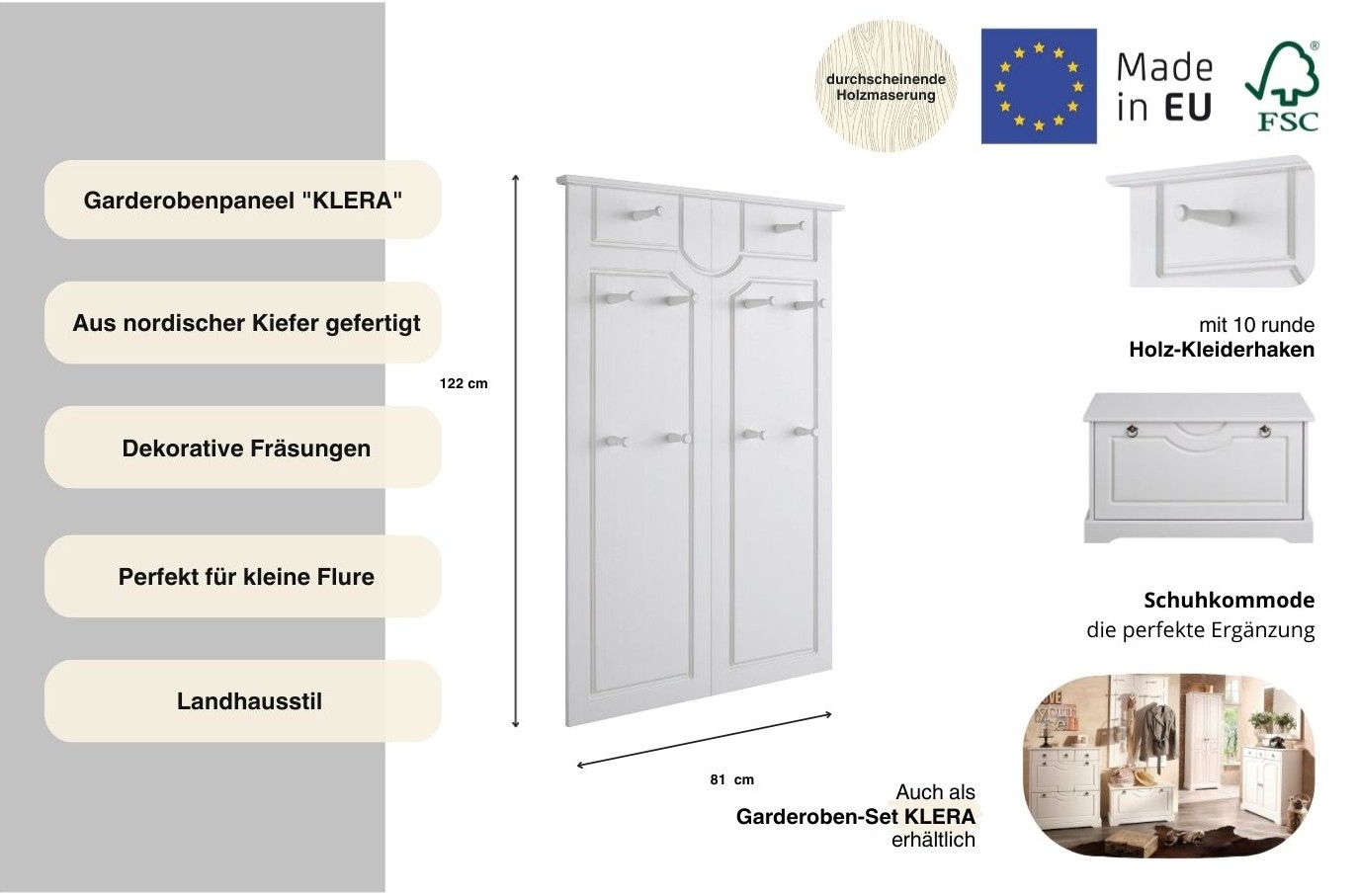 OTTO home Garderobenpaneel »Klera« Mit 10 Kleiderhaken, aus massiver Kiefer