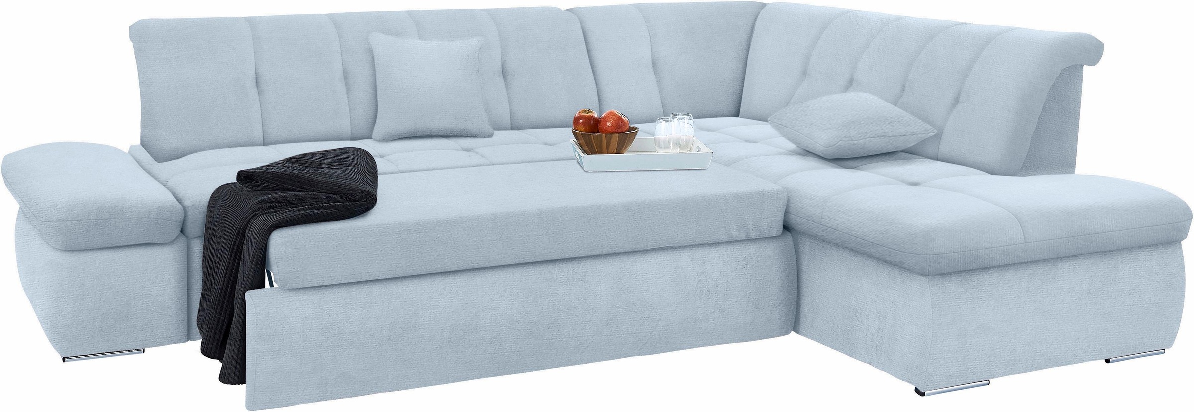 DOMO collection Ecksofa »NMoric incl. Zierkissen B/T/H: 273/216/80 cm L-Form«, Ottomanen-Abschluss, wahlweise mit Bettfunktion und Armlehnverstellung